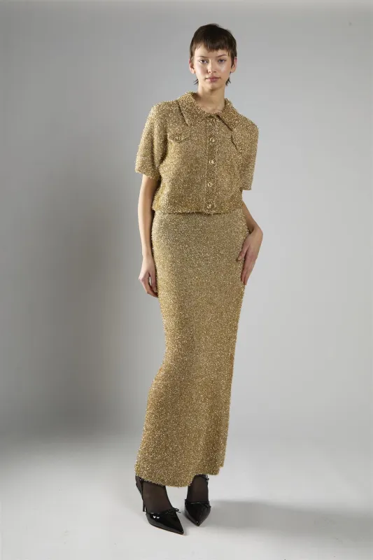 Gold Tinsel High Waisted Maxi Skirt made by Glamorous