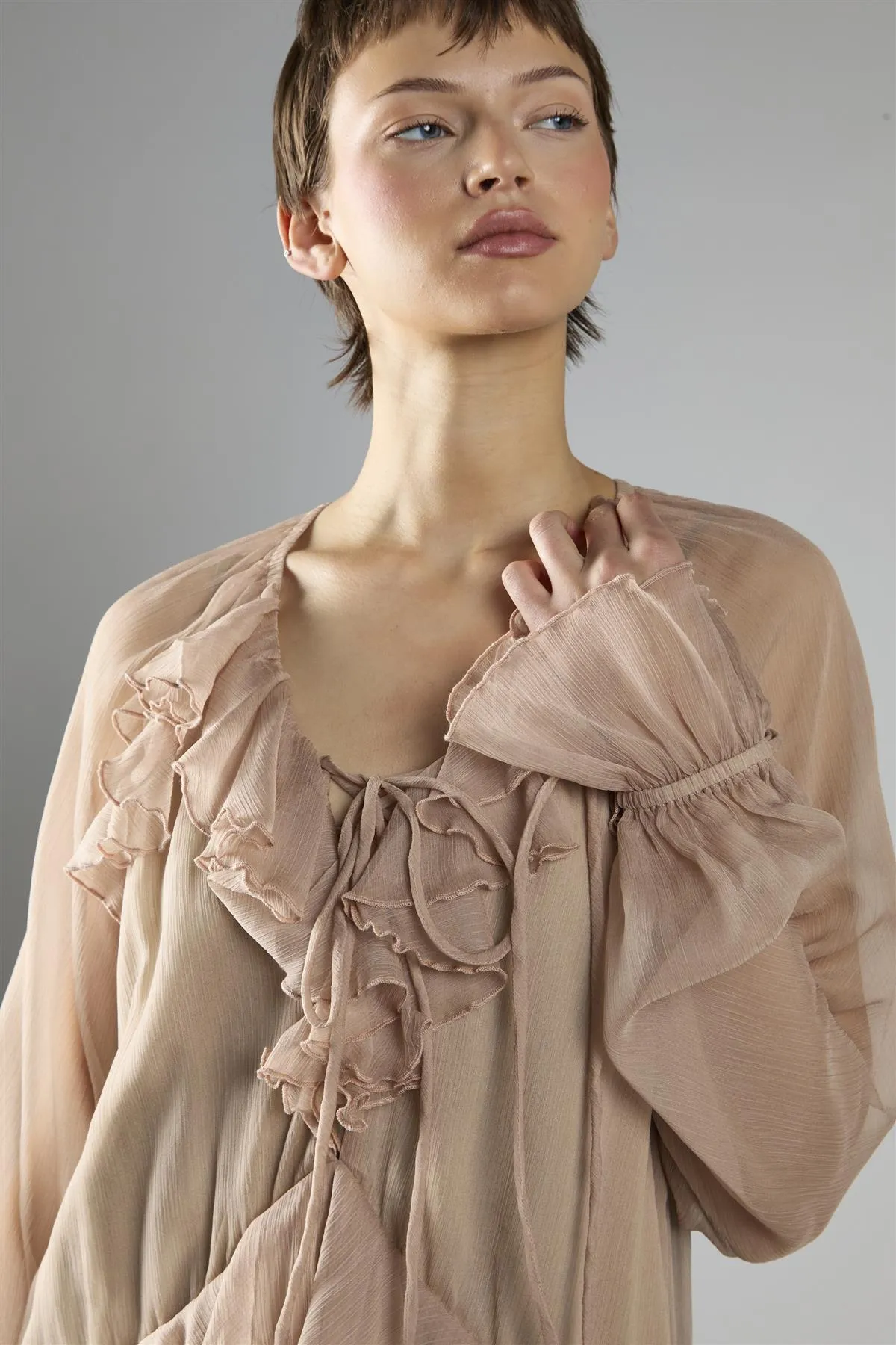 Nude Crinkle Long Sleeve Ruffle Maxi Dress sold by Glamorous product image thumbnail 4