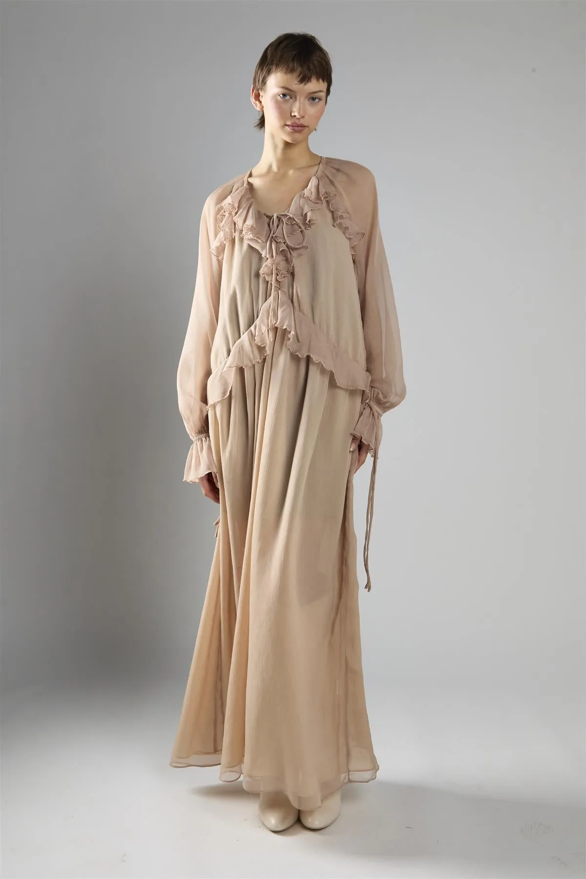 Nude Crinkle Long Sleeve Ruffle Maxi Dress sold by Glamorous