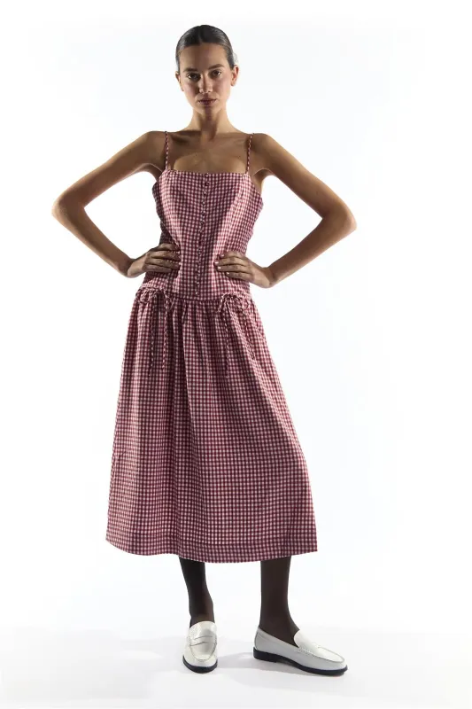 Red Gingham Button Through Dropped Waist Midi Dress made by Glamorous
