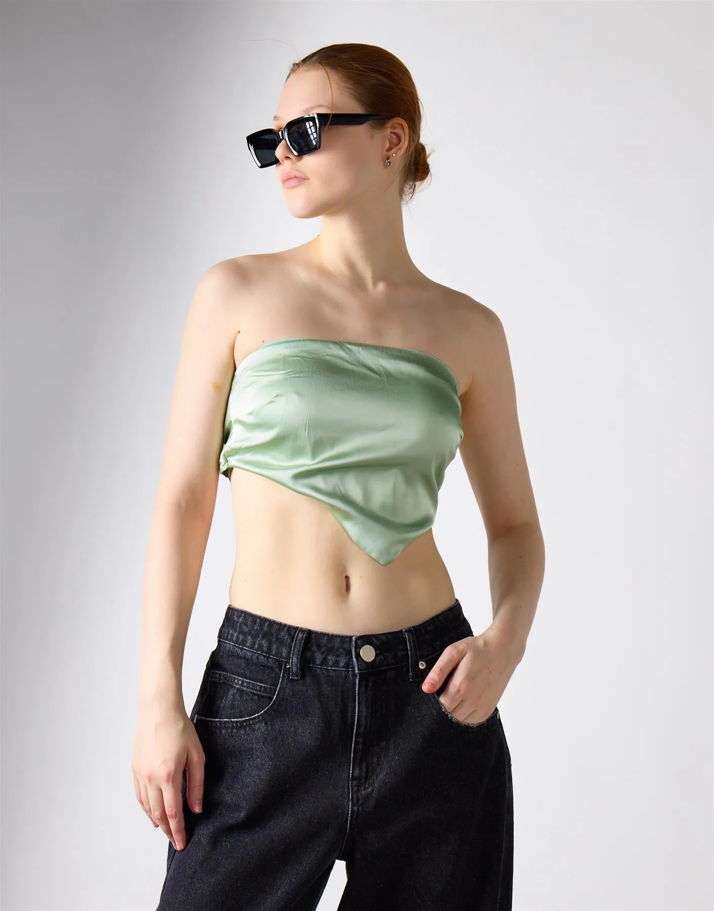 Sage Green Sateen Badana Strapless Top sold by Glamorous