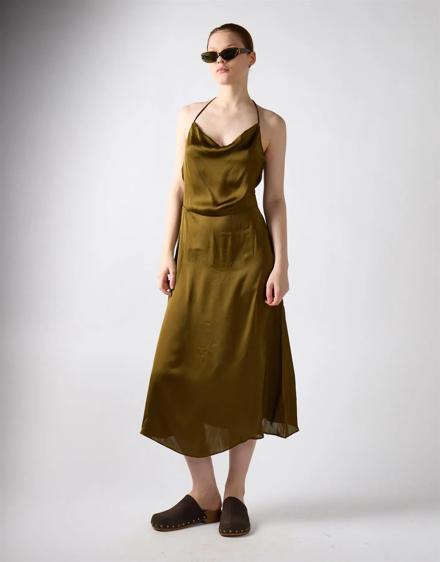 Khaki Satin Cowl Neck Midi Dress sold by Glamorous