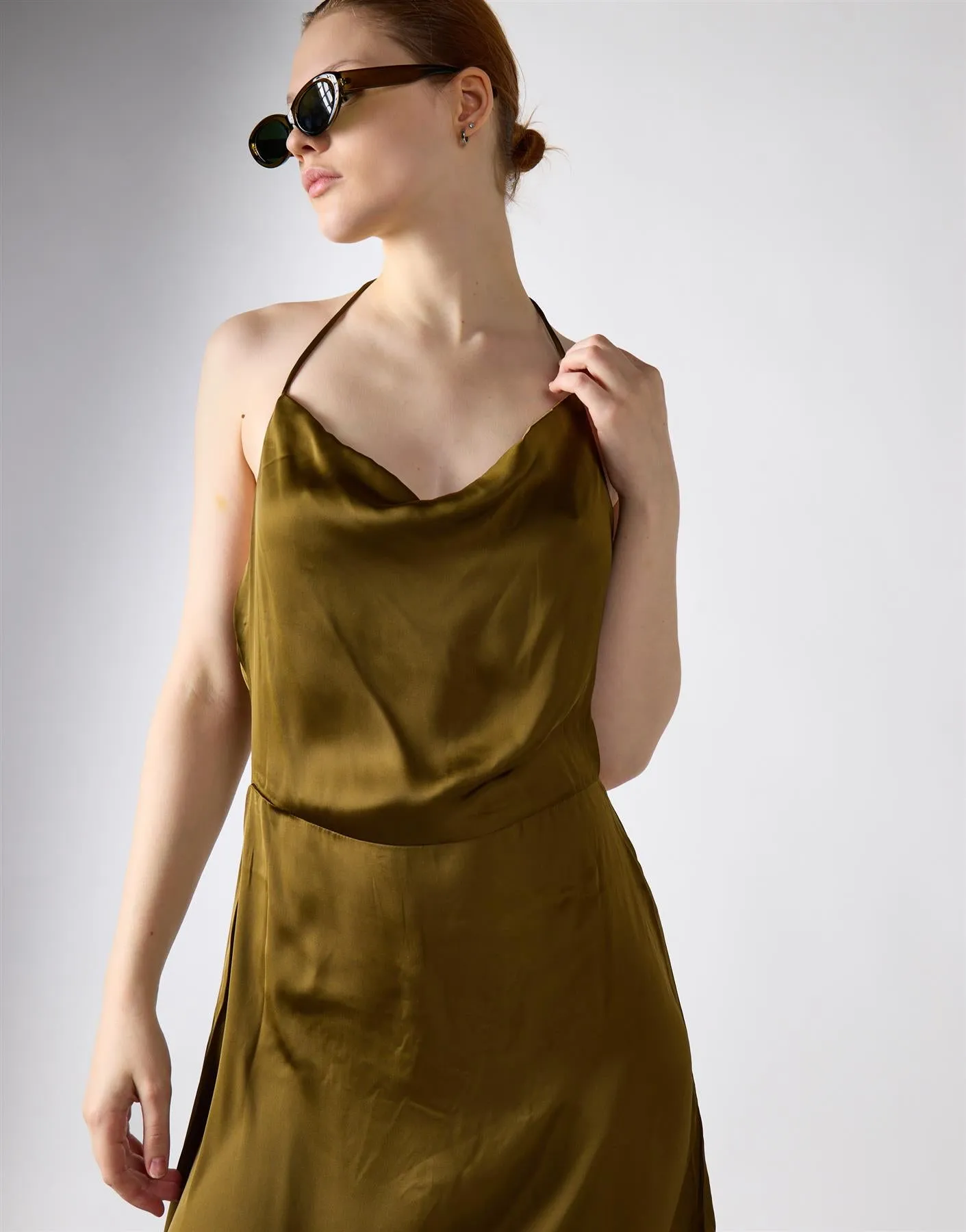 Khaki Satin Cowl Neck Midi Dress sold by Glamorous product image thumbnail 3