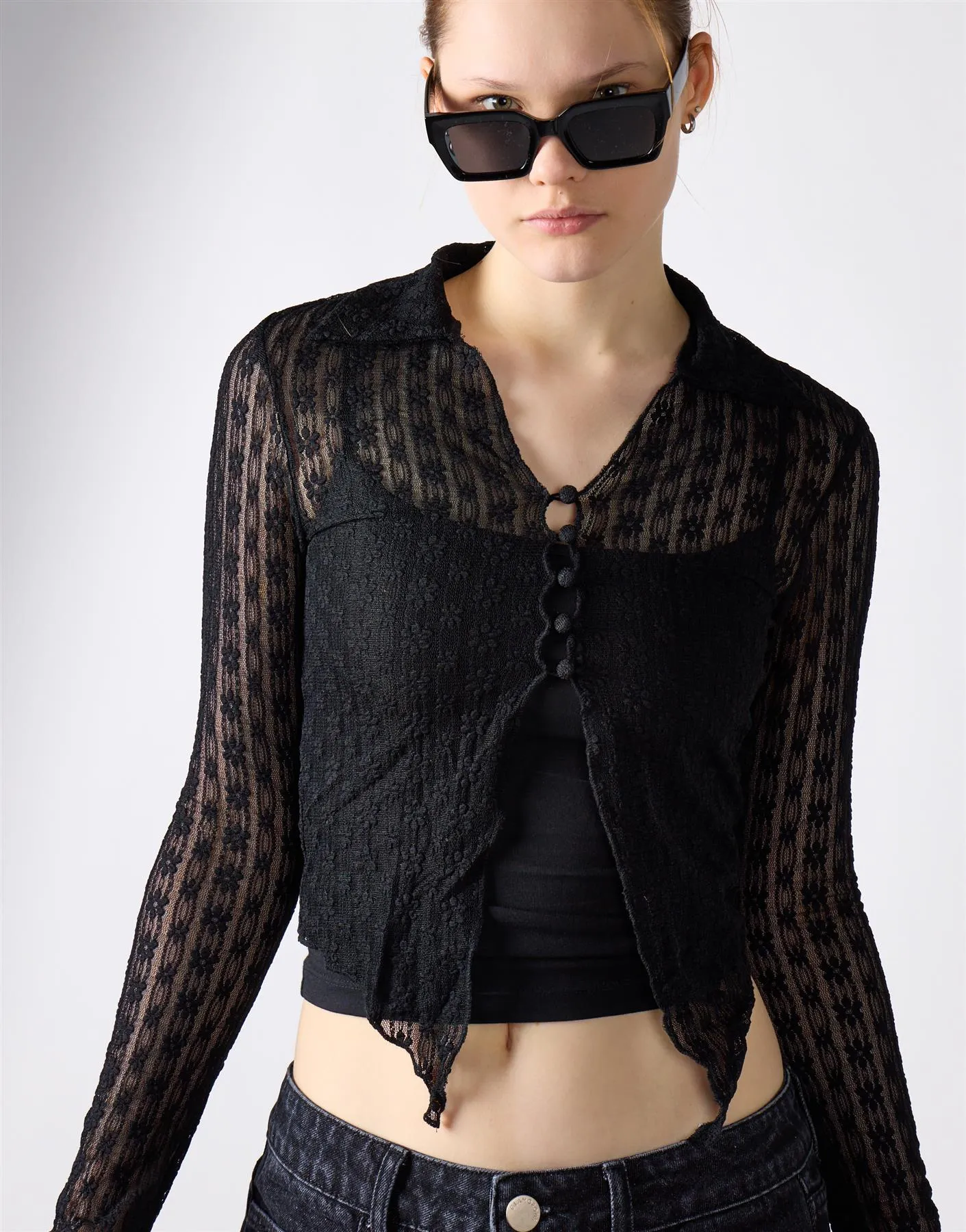 Black Lace Long Sleeve Collar Top sold by Glamorous product image thumbnail 3
