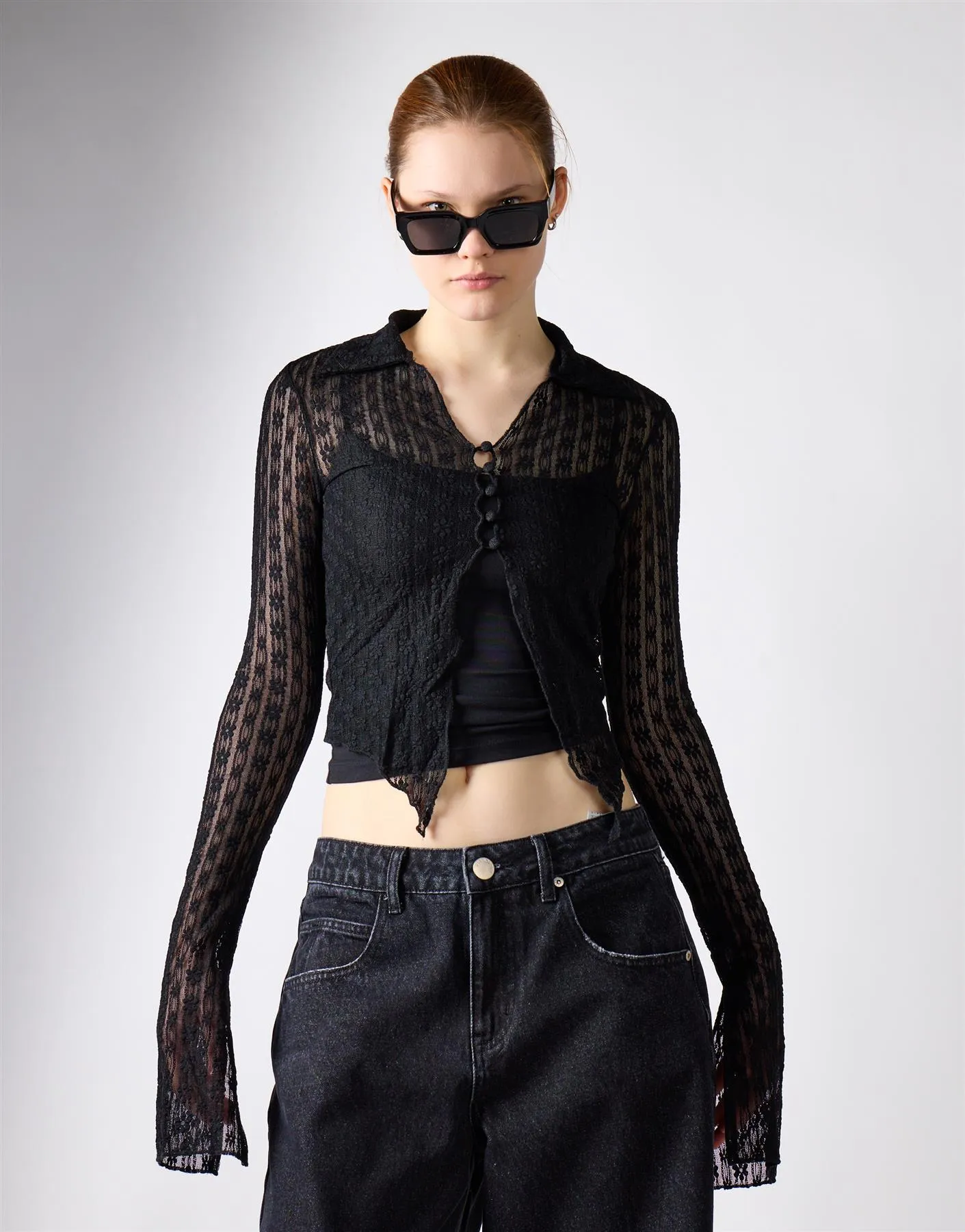 Black Lace Long Sleeve Collar Top sold by Glamorous product image thumbnail 4