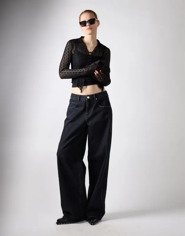 Black Lace Long Sleeve Collar Top made by Glamorous