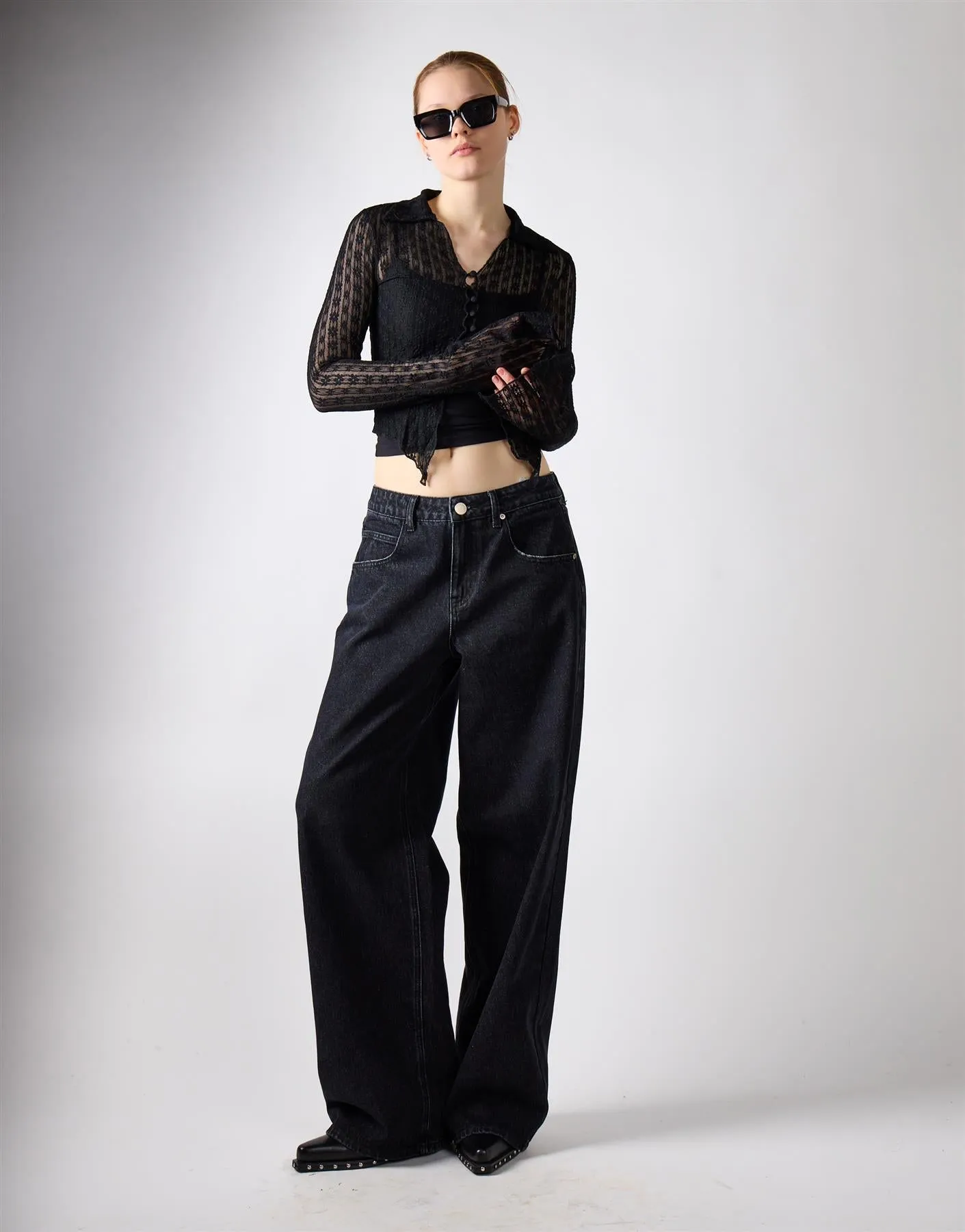 Black Lace Long Sleeve Collar Top sold by Glamorous