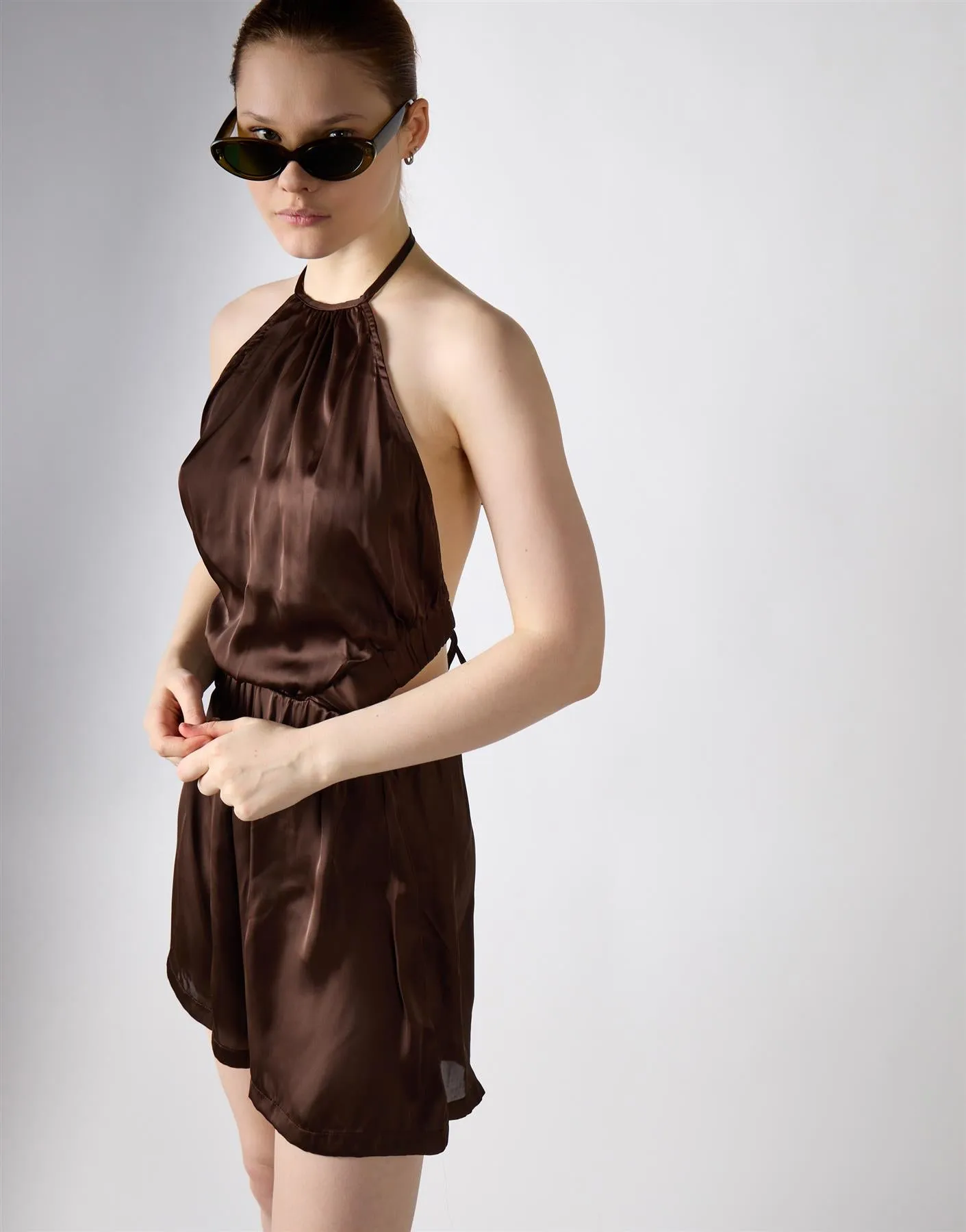 Brown Open Tie Back Halter Playsuit sold by Glamorous product image thumbnail 3