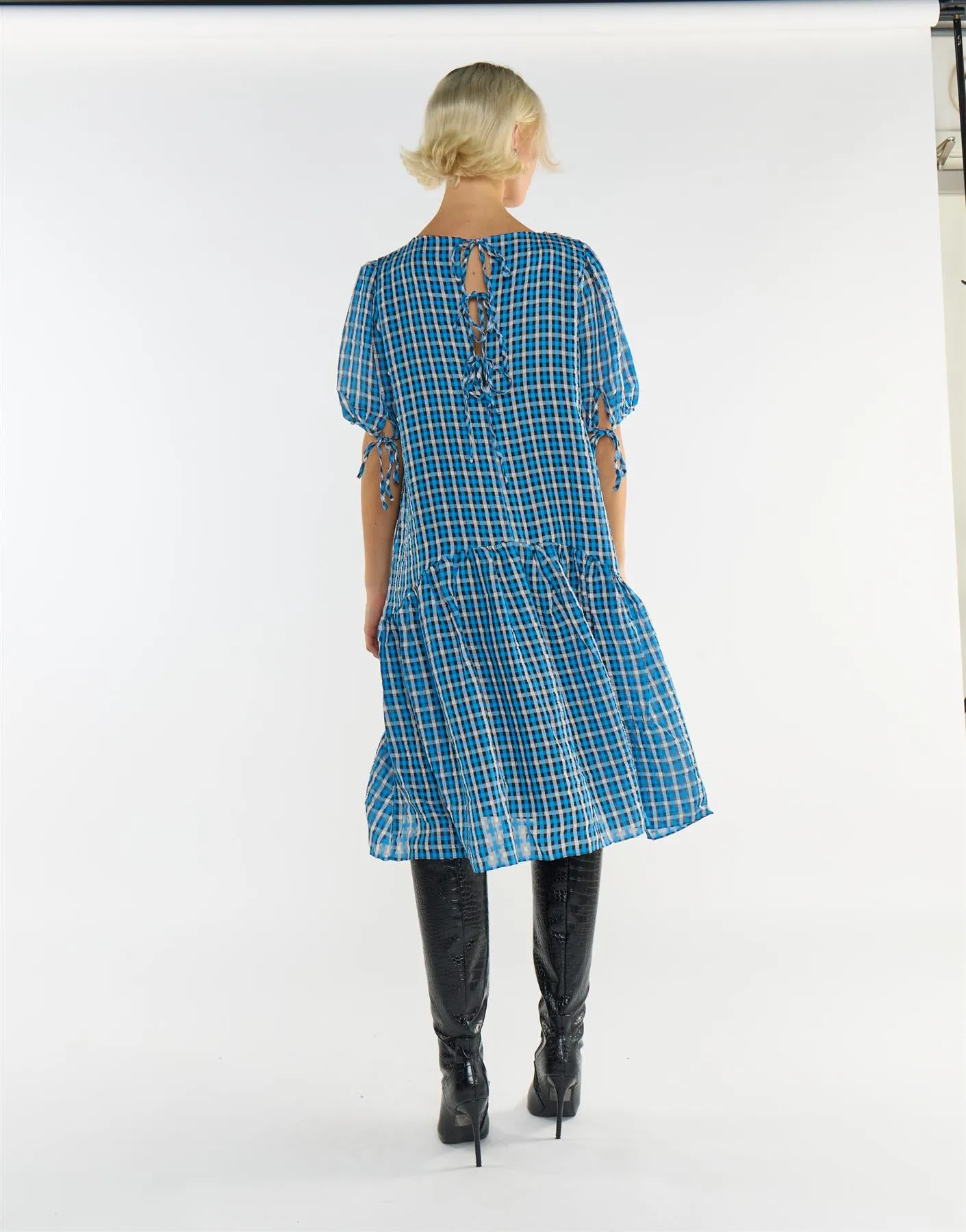 Puff Sleeves Tiered Midi Dress - Blue Multi Check sold by Glamorous product image thumbnail 2