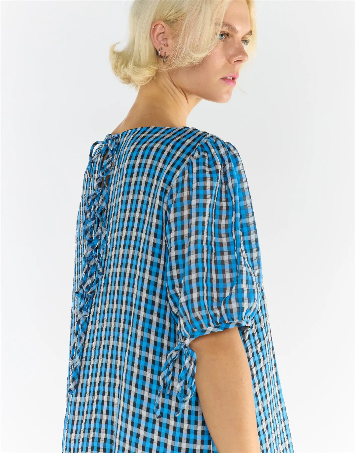 Puff Sleeves Tiered Midi Dress - Blue Multi Check sold by Glamorous product image thumbnail 3