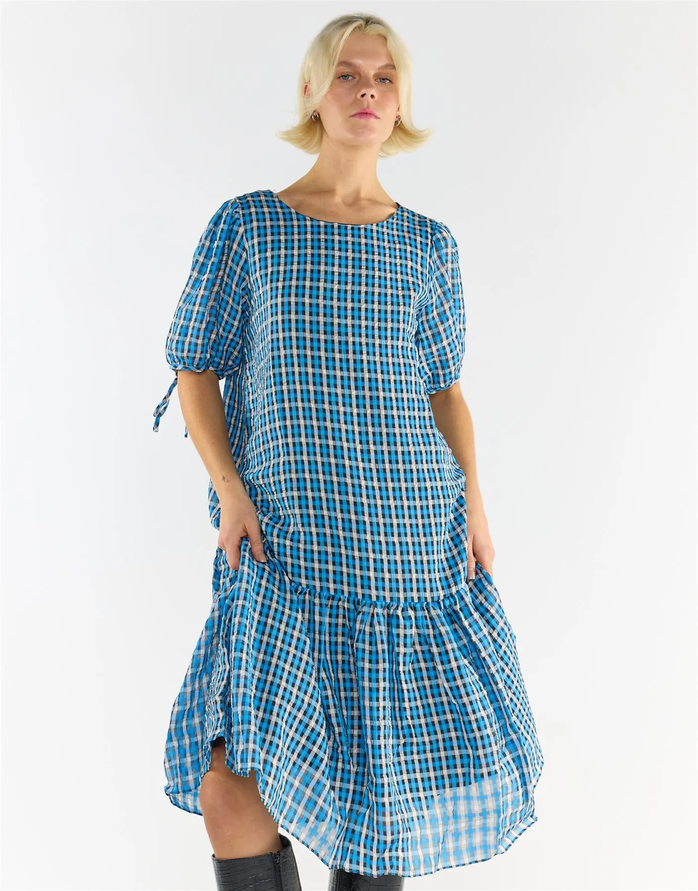 Puff Sleeves Tiered Midi Dress - Blue Multi Check sold by Glamorous product image thumbnail 4