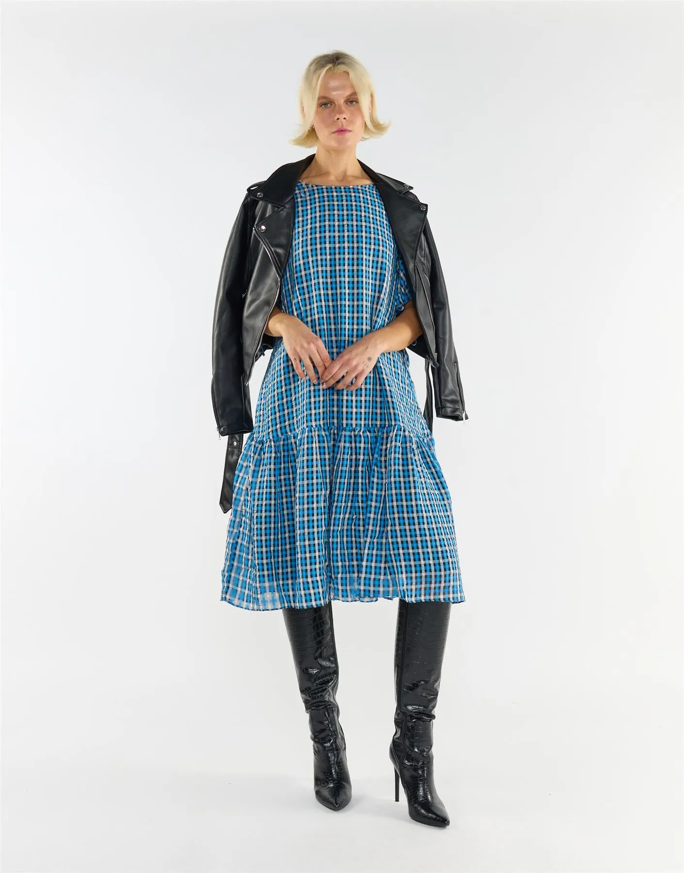 Puff Sleeves Tiered Midi Dress - Blue Multi Check sold by Glamorous