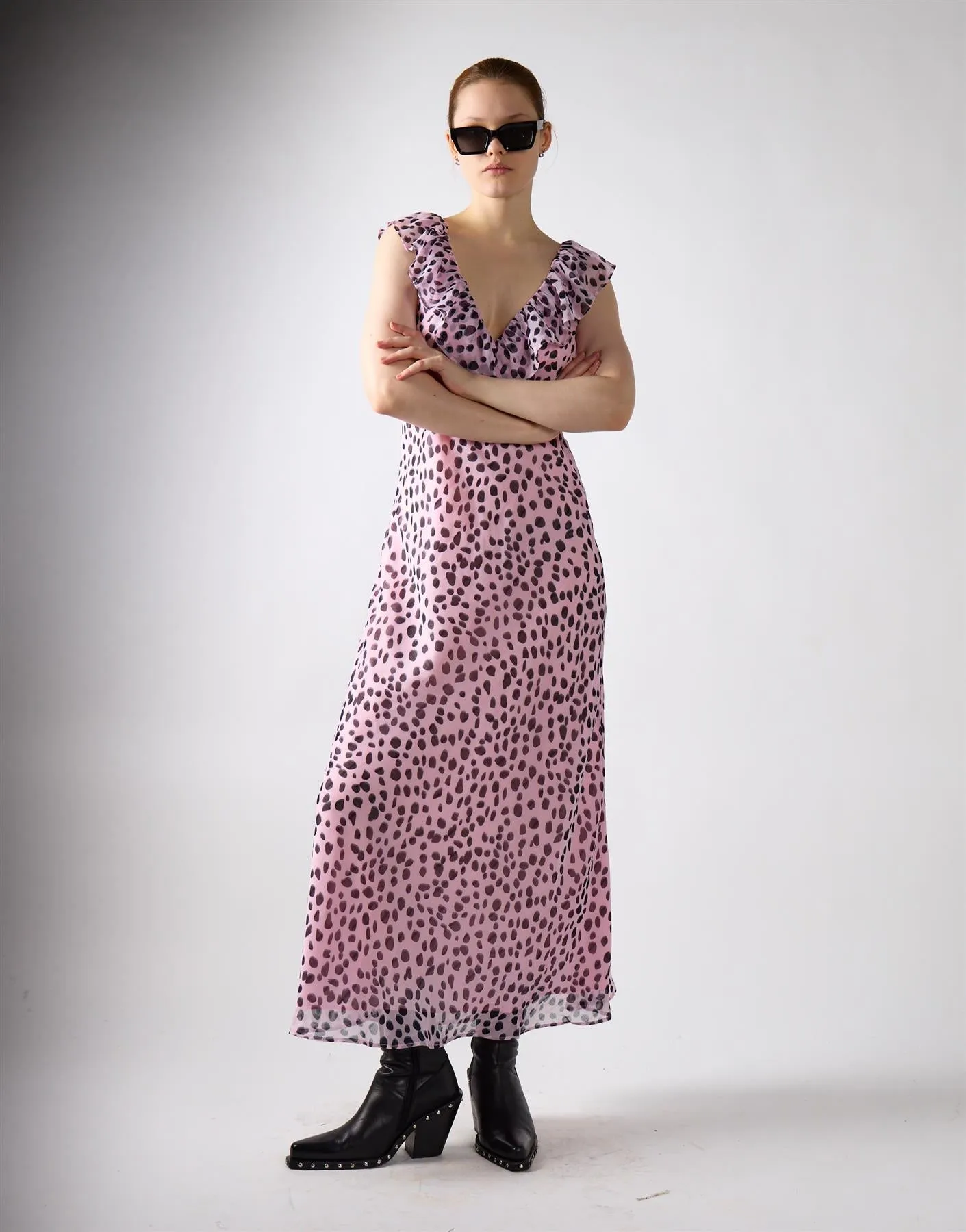 Lilac Dalmatian Print Ruffle Maxi Dress sold by Glamorous