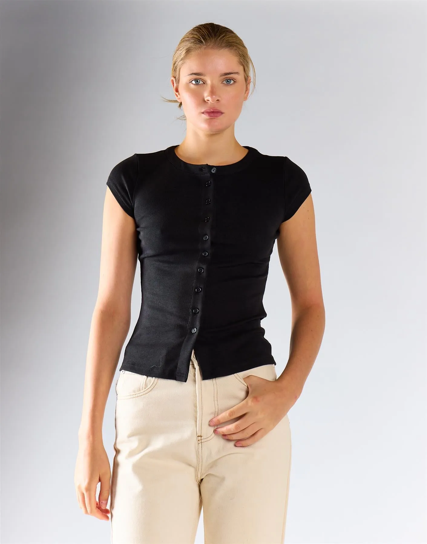 Black Knitted Button Front Top sold by Glamorous
