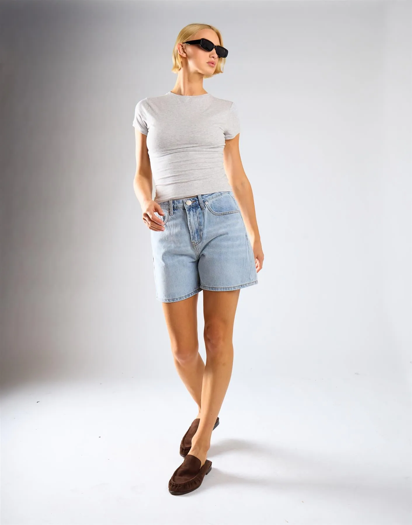 Mid Waist Loose Fit Denim Shorts - Mid Blue sold by Glamorous