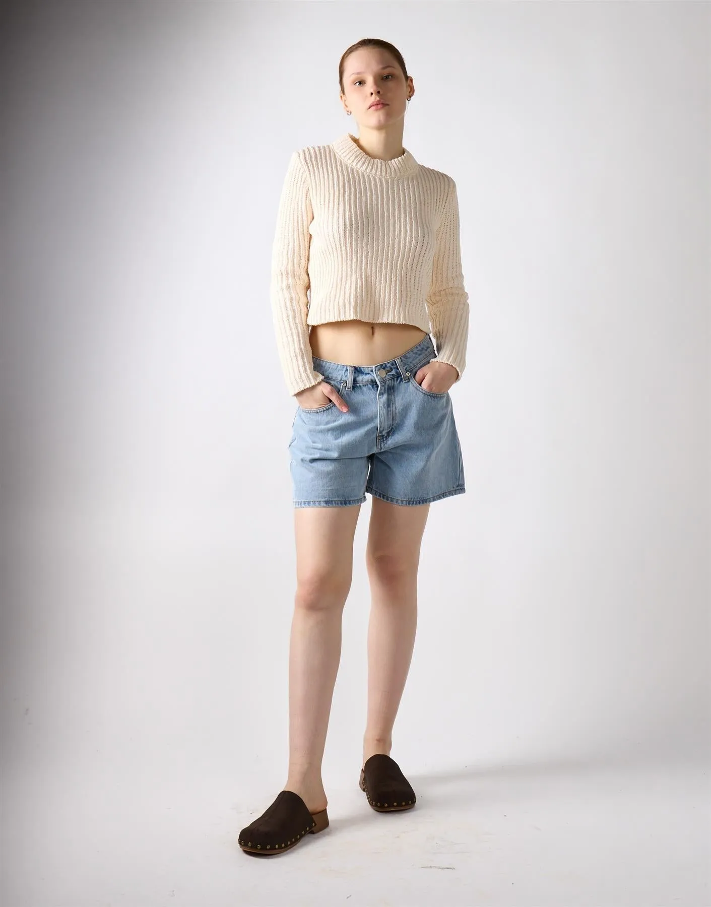 High Waist Rigid Denim Shorts - Mid Blue sold by Glamorous