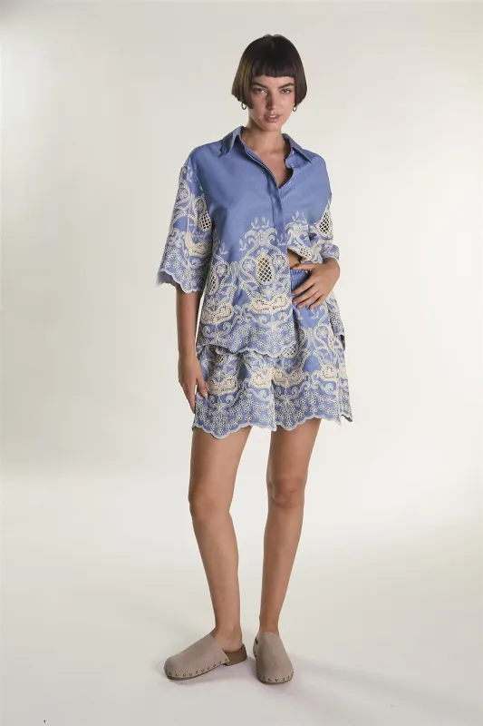 Embroidered Chambray High Rise Lined Shorts made by Glamorous