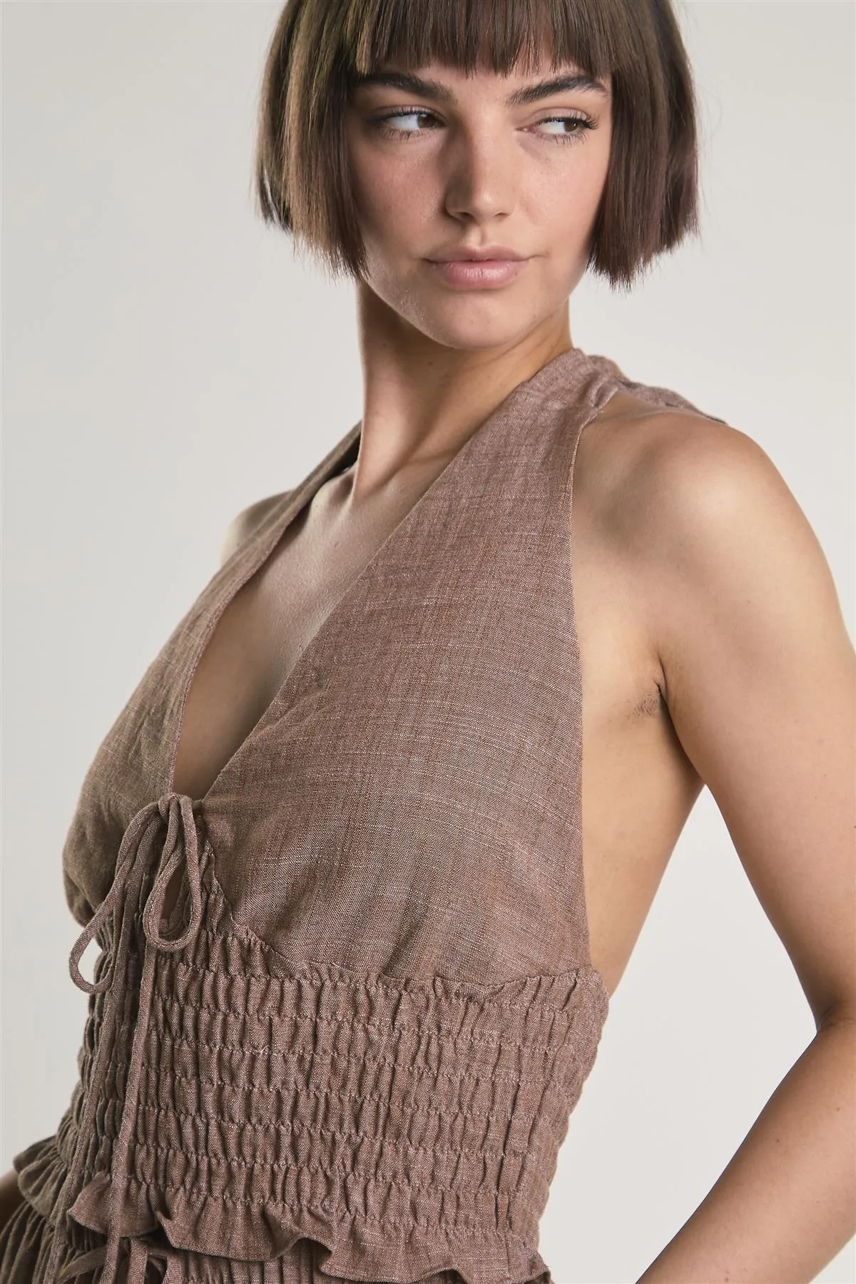 White Fleck Smocked Halter Top sold by Glamorous