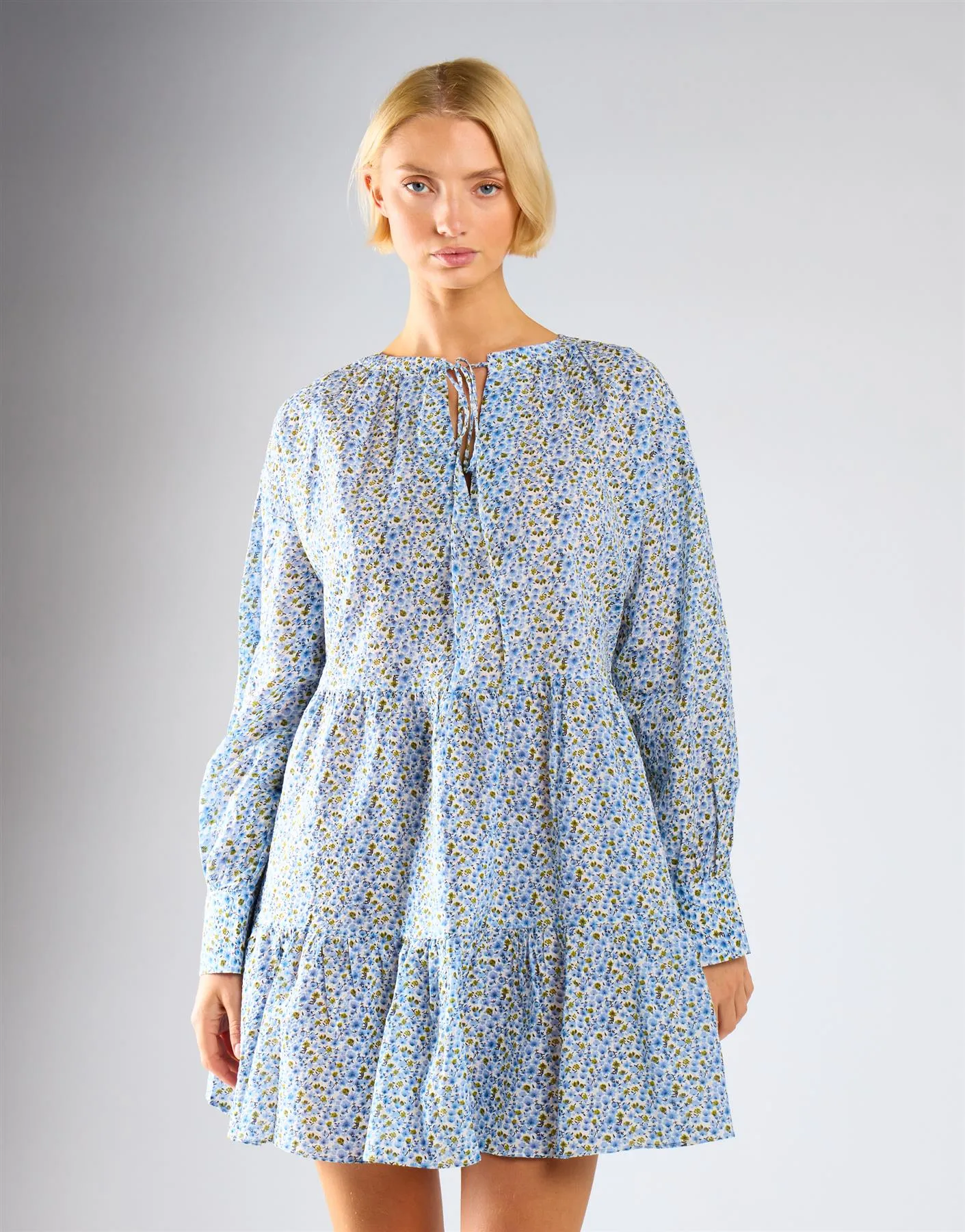 Blue Ditsy Floral Long Sleeve Frill Tiered Dress sold by Glamorous product image thumbnail 2