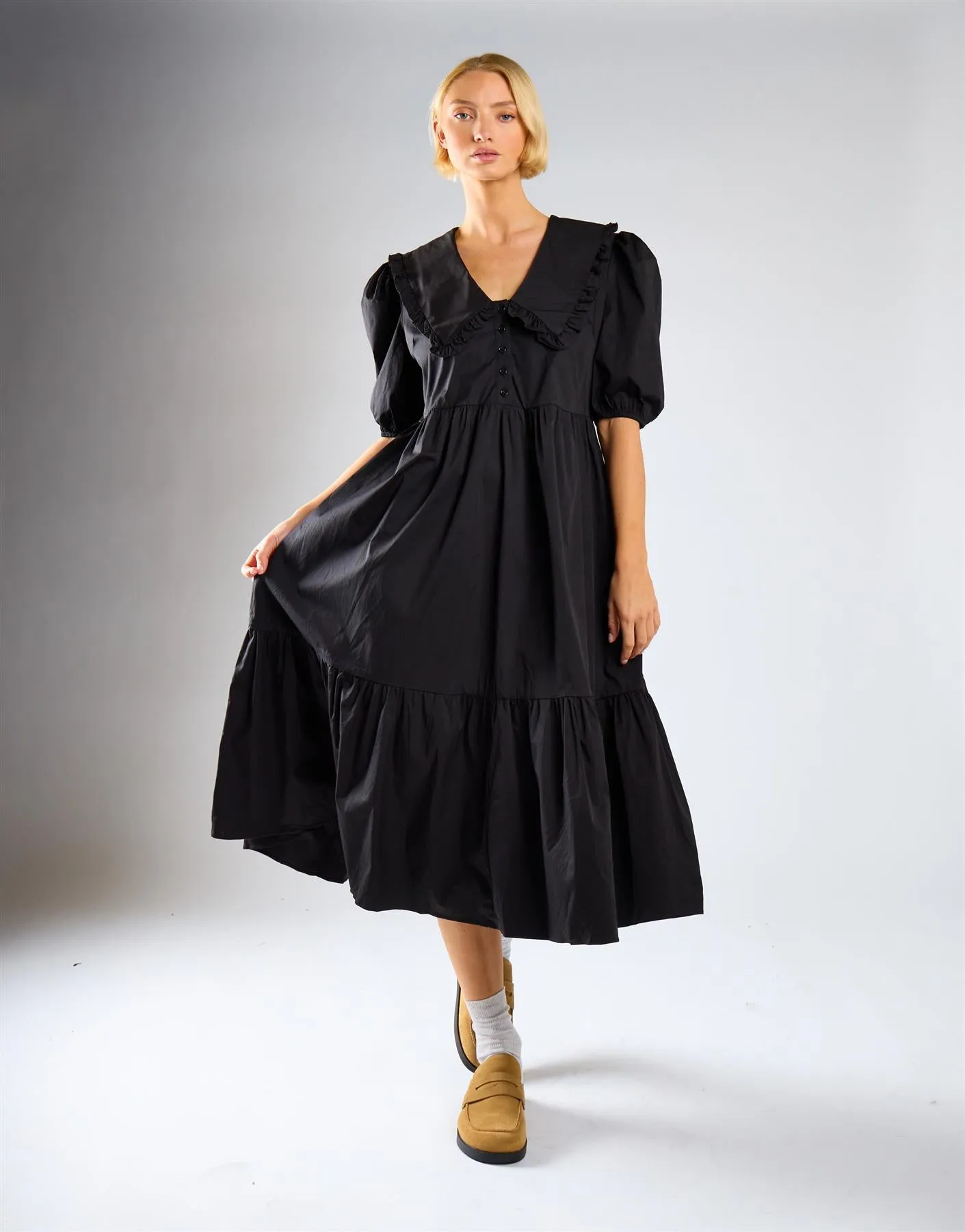 Black V-Neck Ruffle Collar Midi Dress sold by Glamorous