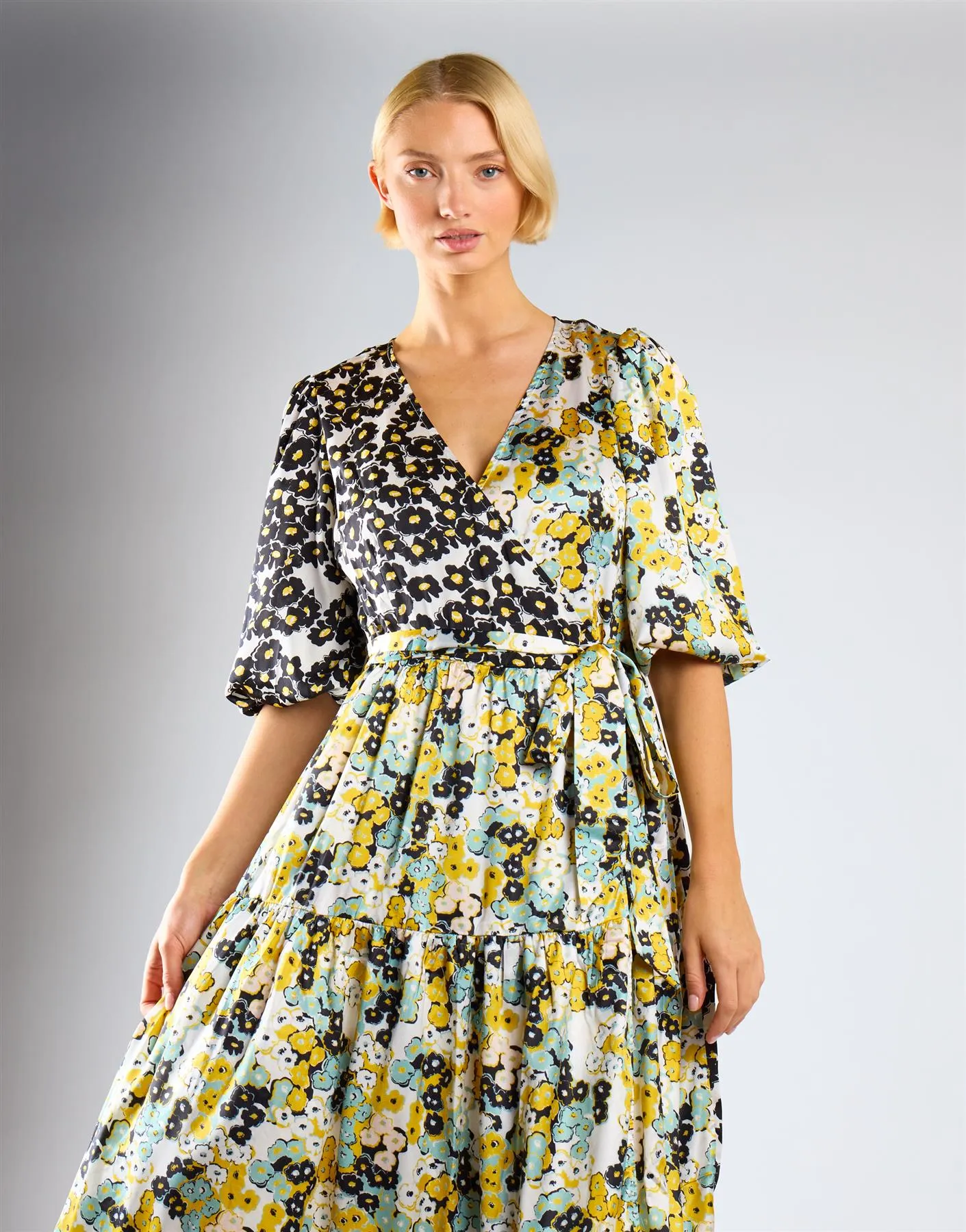 Mono Mustard Floral Wrap Front Tiered Midaxi Dress sold by Glamorous product image thumbnail 4