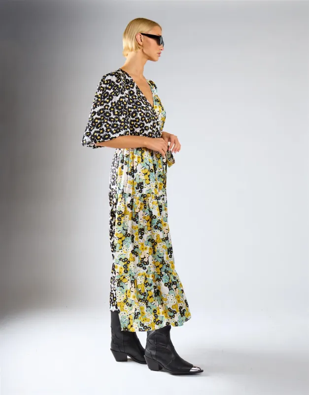Mono Mustard Floral Wrap Front Tiered Midaxi Dress made by Glamorous