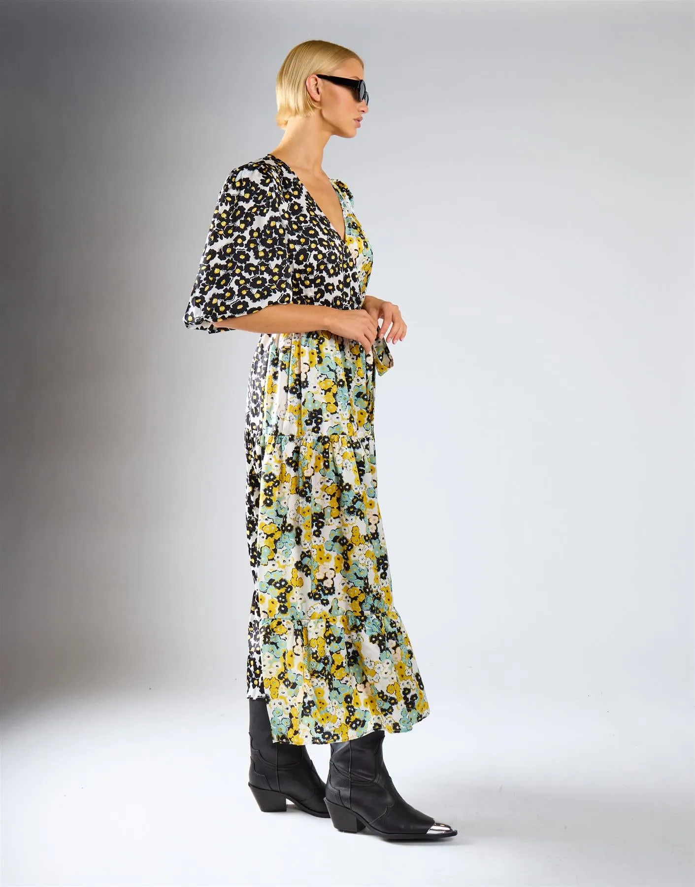 Mono Mustard Floral Wrap Front Tiered Midaxi Dress sold by Glamorous