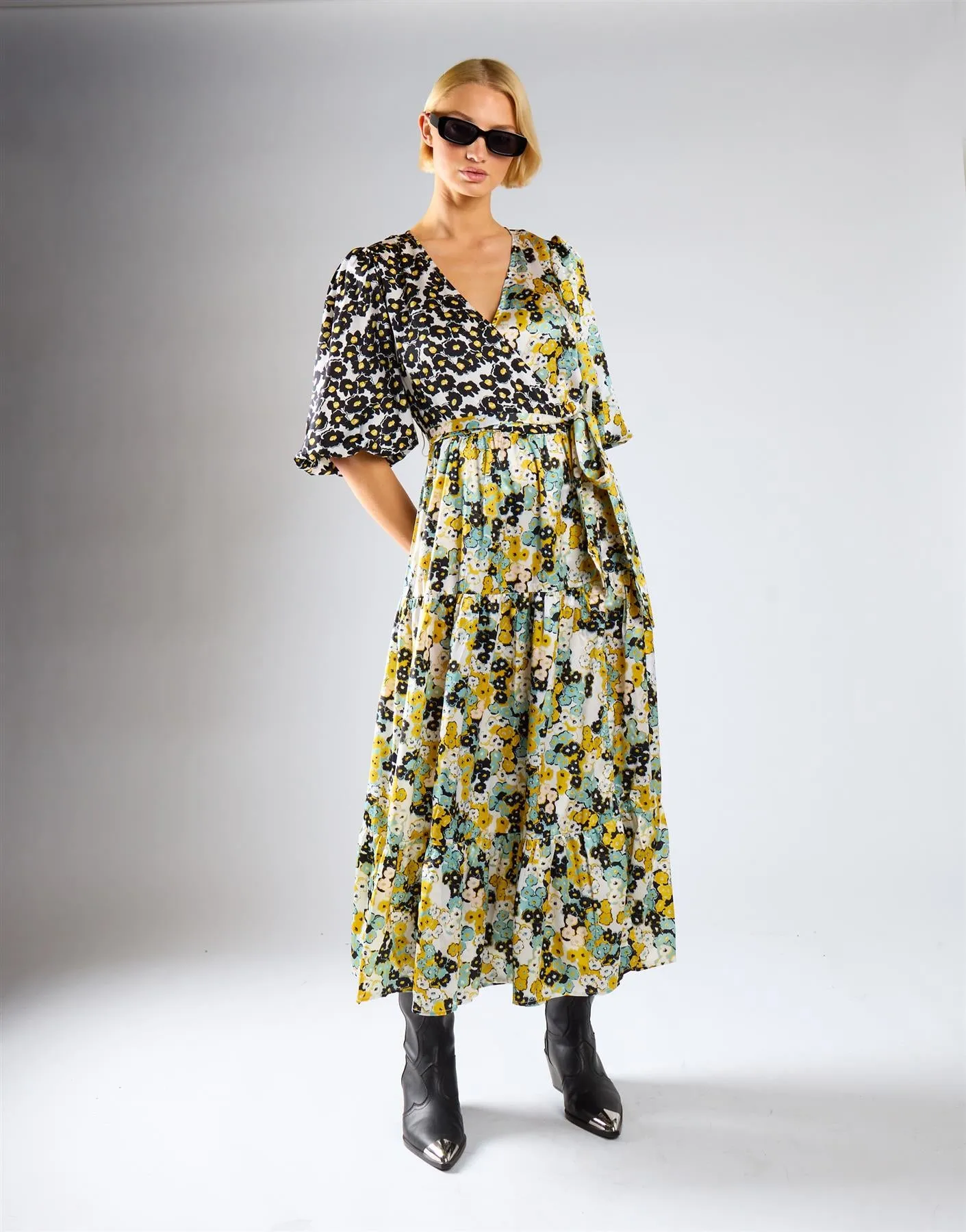 Mono Mustard Floral Wrap Front Tiered Midaxi Dress sold by Glamorous product image thumbnail 2
