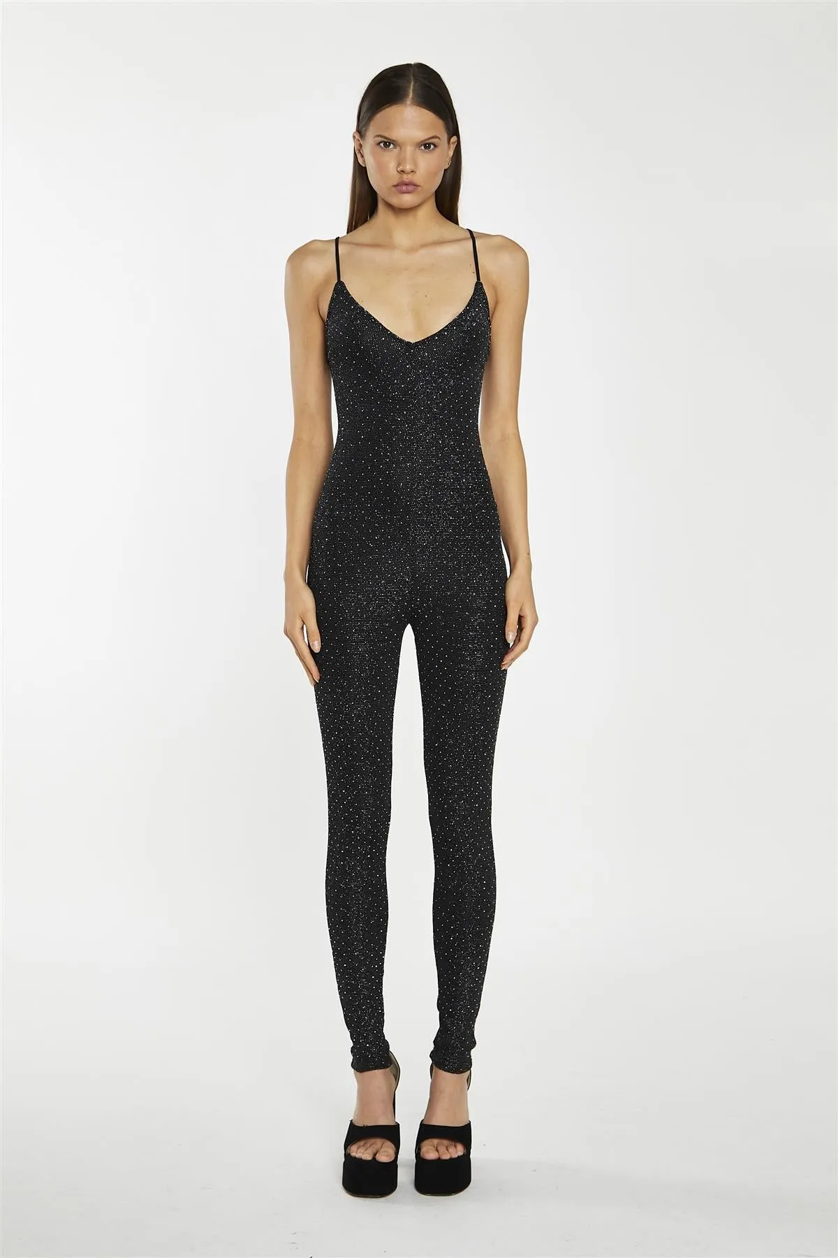 Black Silver Rhinestuds V-Neck Jumpsuit sold by Glamorous