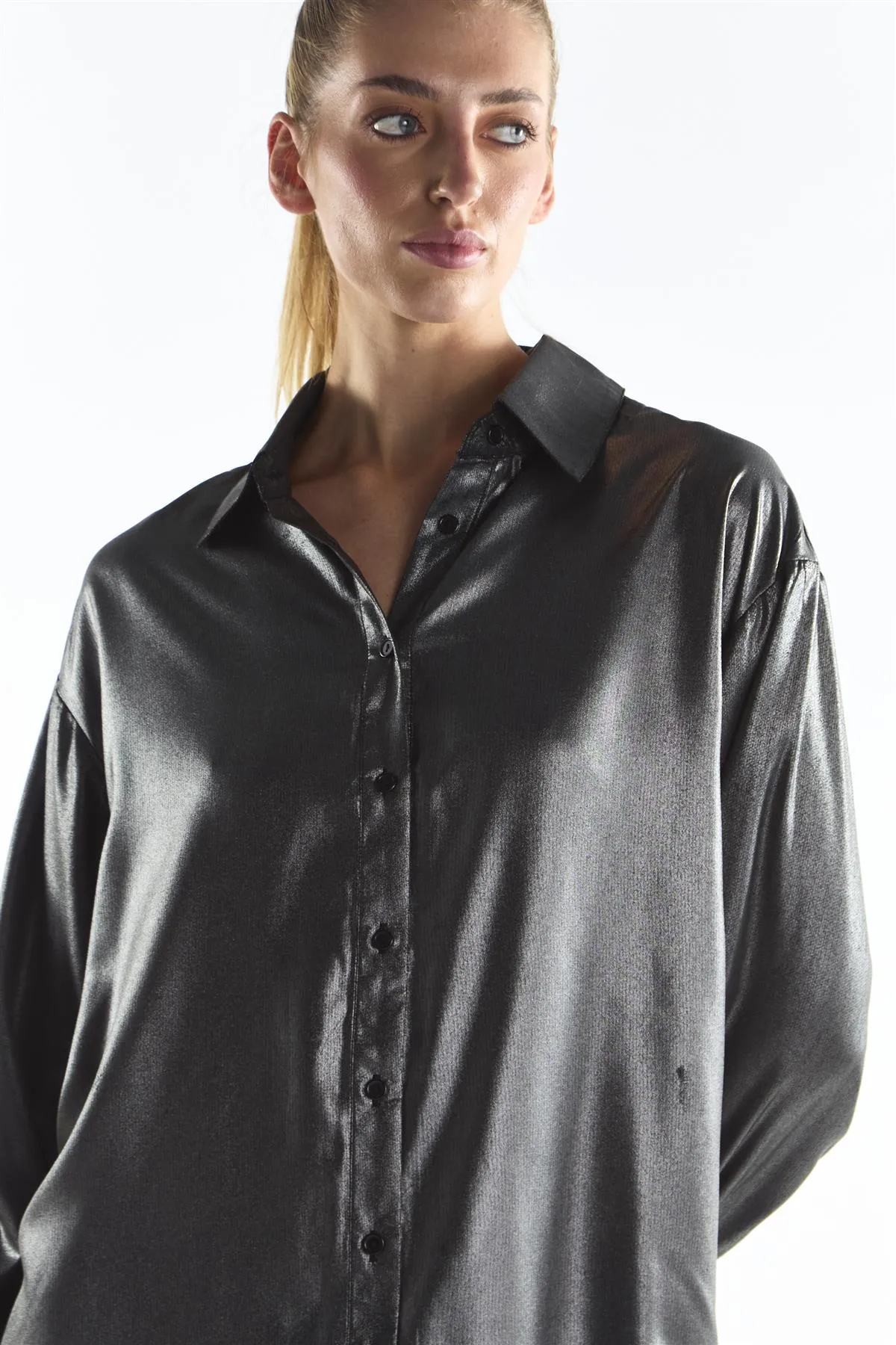 Black Shimmer Long Sleeve Shirt sold by Glamorous