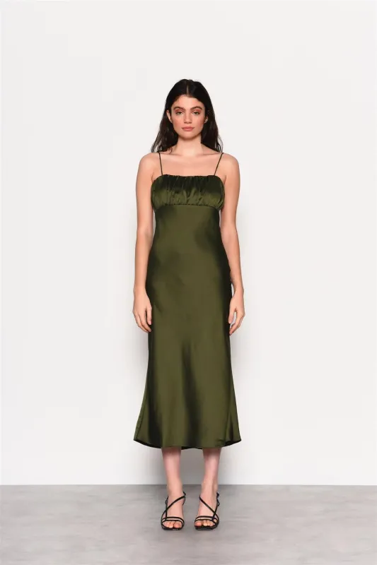 Forest Green Satin Open Tie Back Maxi Dress made by Glamorous