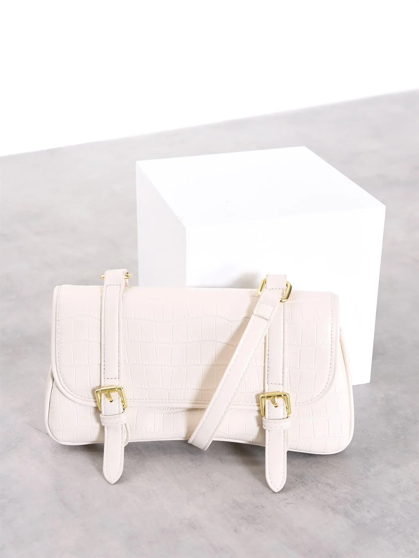 White Croc Double Gold Buckle Bag sold by Glamorous