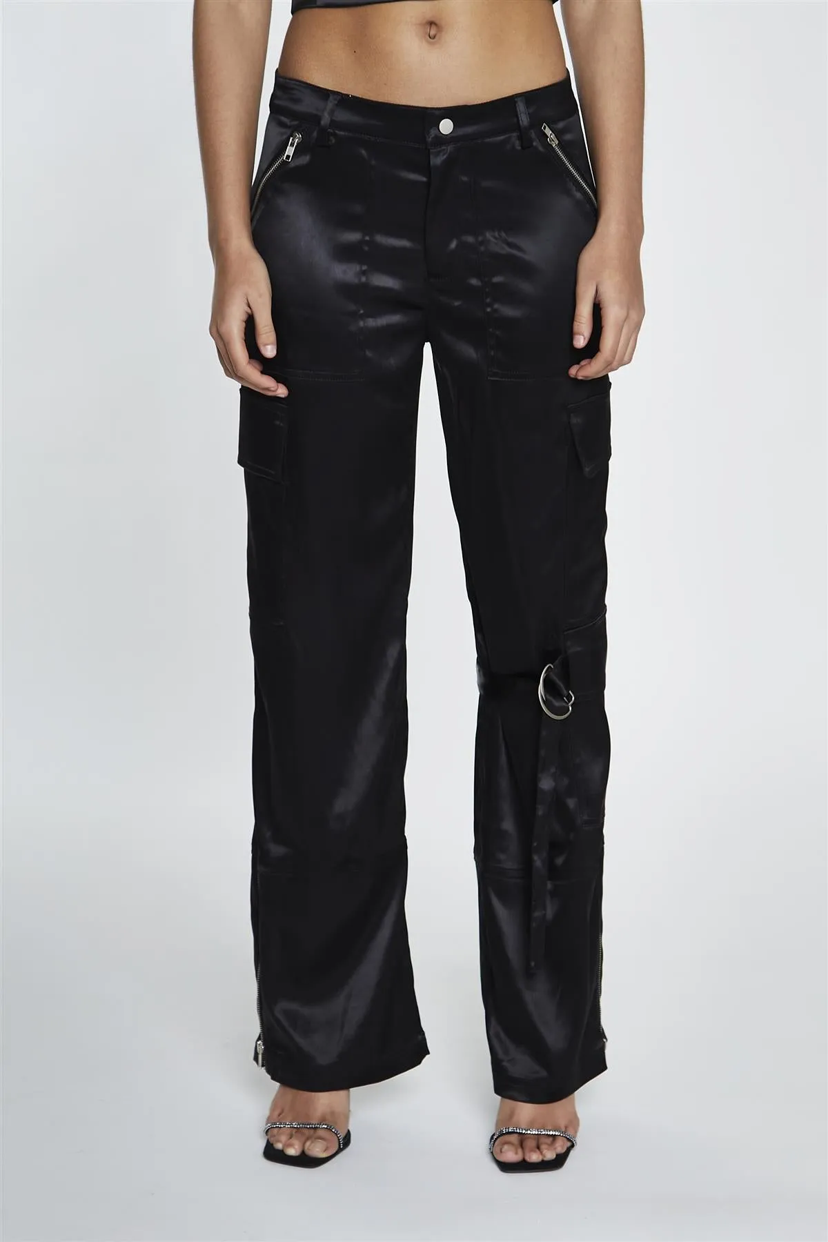 Black Satin D-Ring Detail Trousers sold by Glamorous