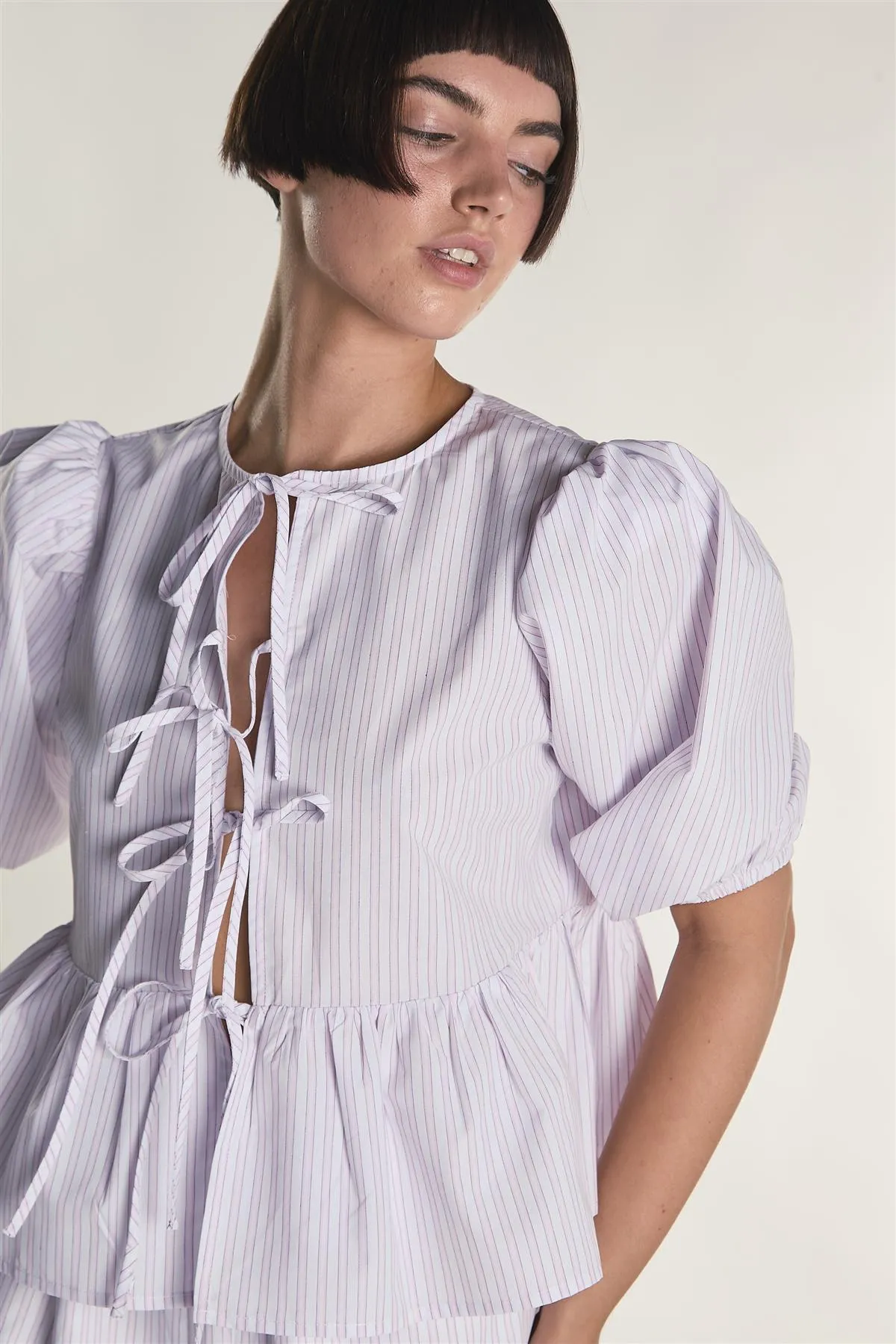 Light Pink Stripe Tie Front Puff Sleeve Top sold by Glamorous product image thumbnail 3