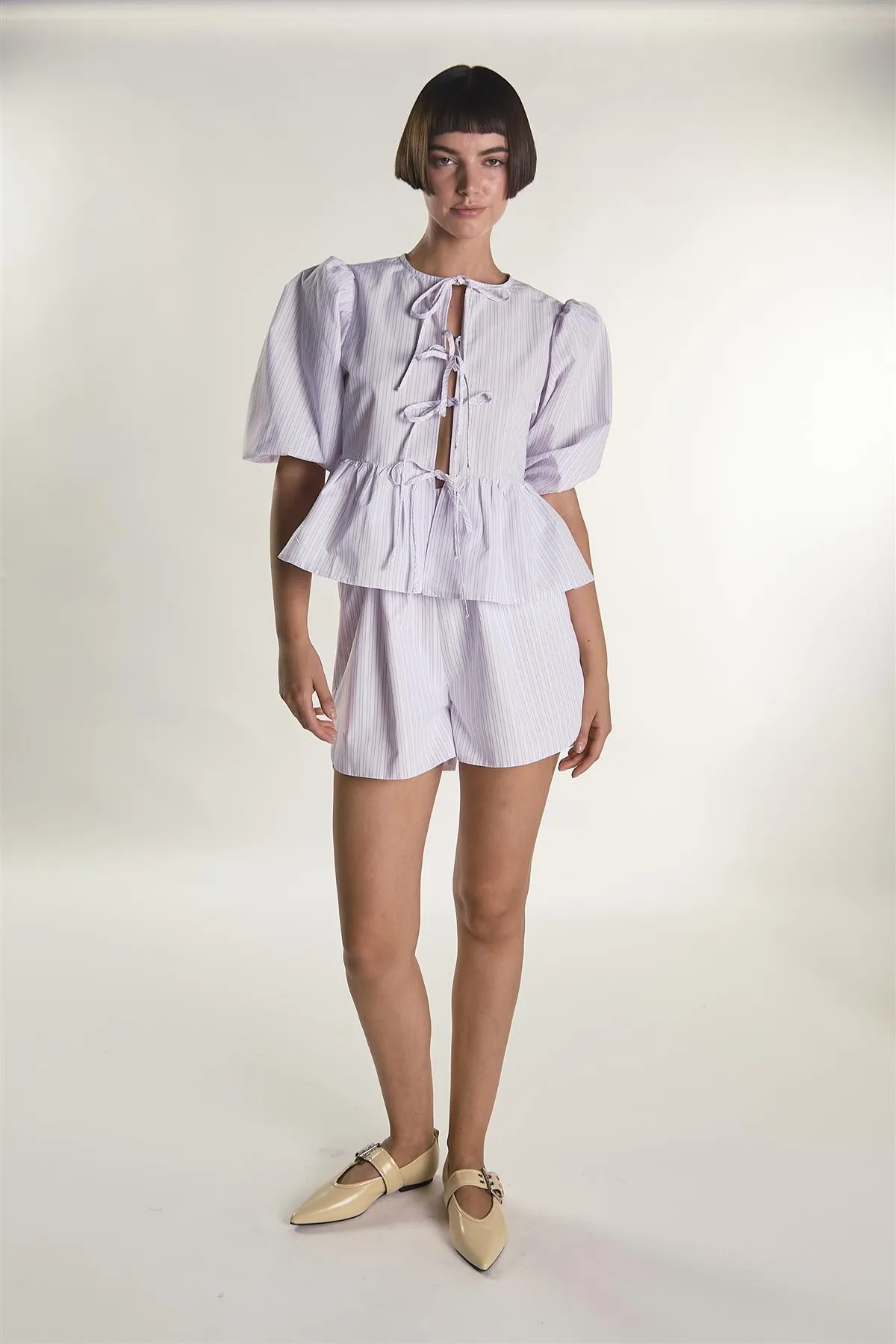 Light Pink Stripe Tie Front Puff Sleeve Top sold by Glamorous product image thumbnail 4