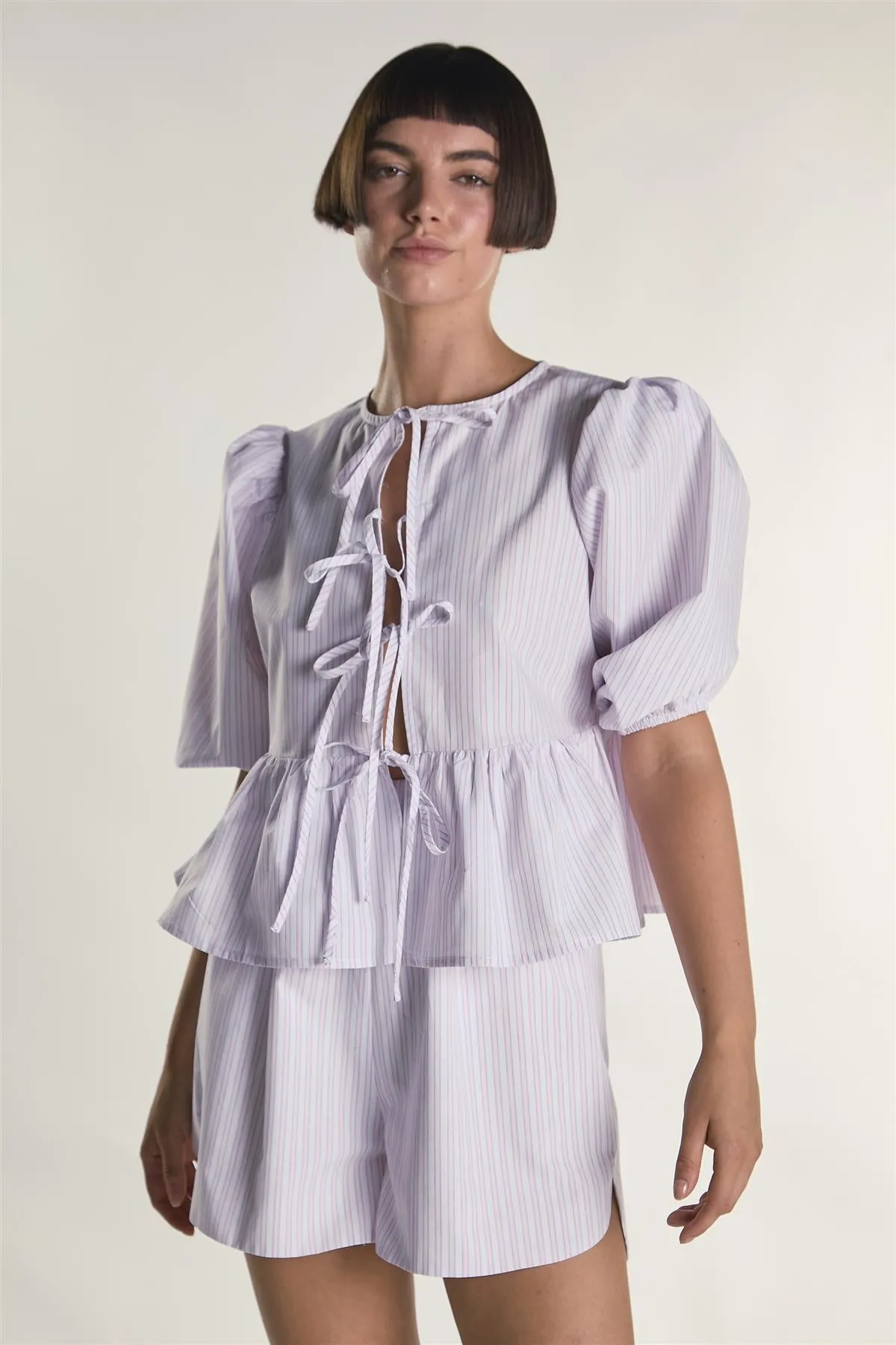 Light Pink Stripe Tie Front Puff Sleeve Top sold by Glamorous