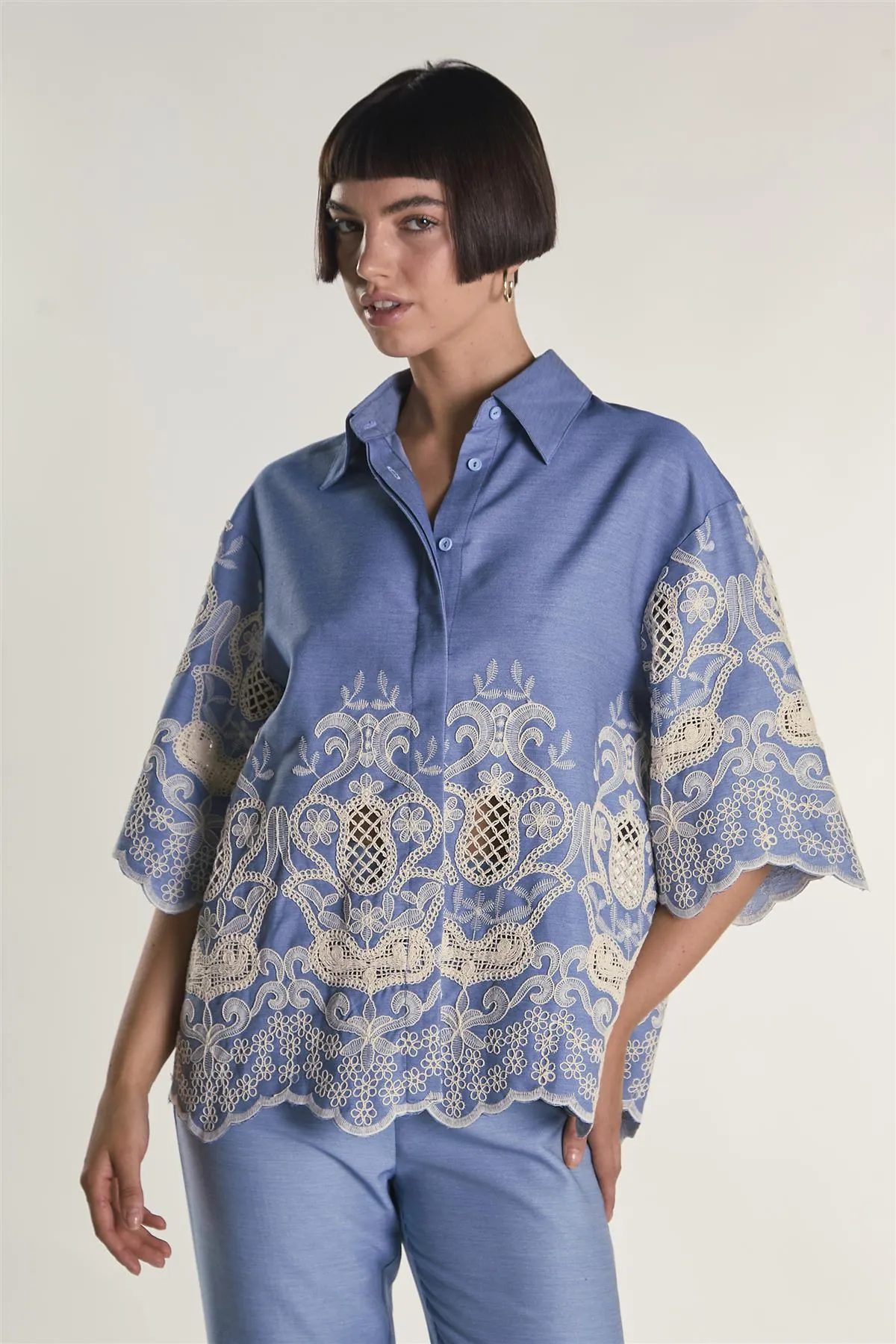 Embroidered Chambray Cropped Shirt sold by Glamorous