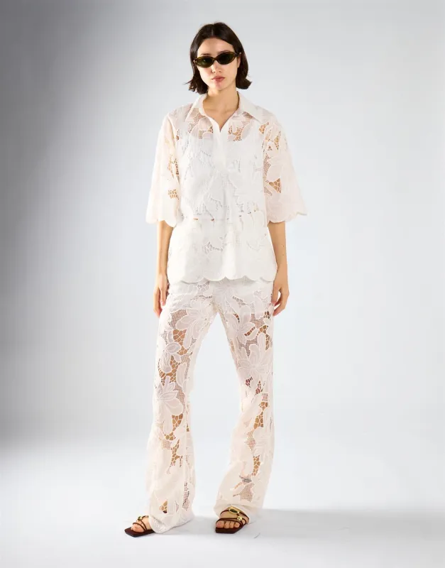 White Embroidered Flare Short Sleeve Shirt made by Glamorous