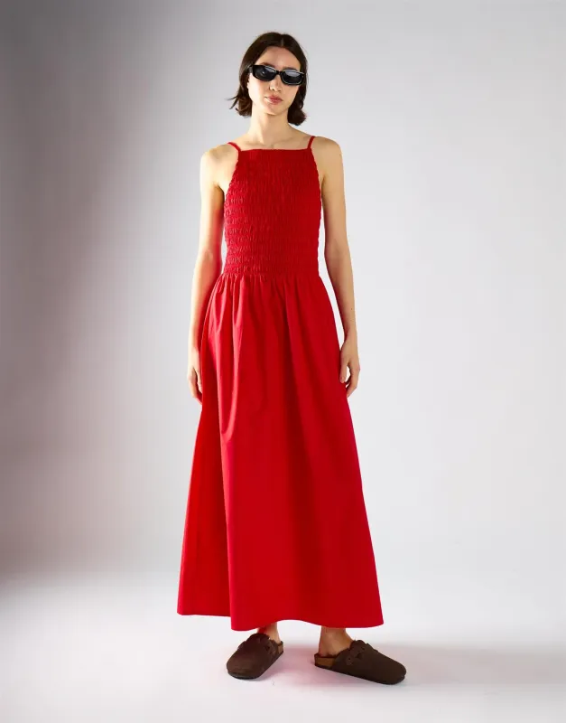 Red Shirring Body Boat Neck Maxi Dress made by Glamorous