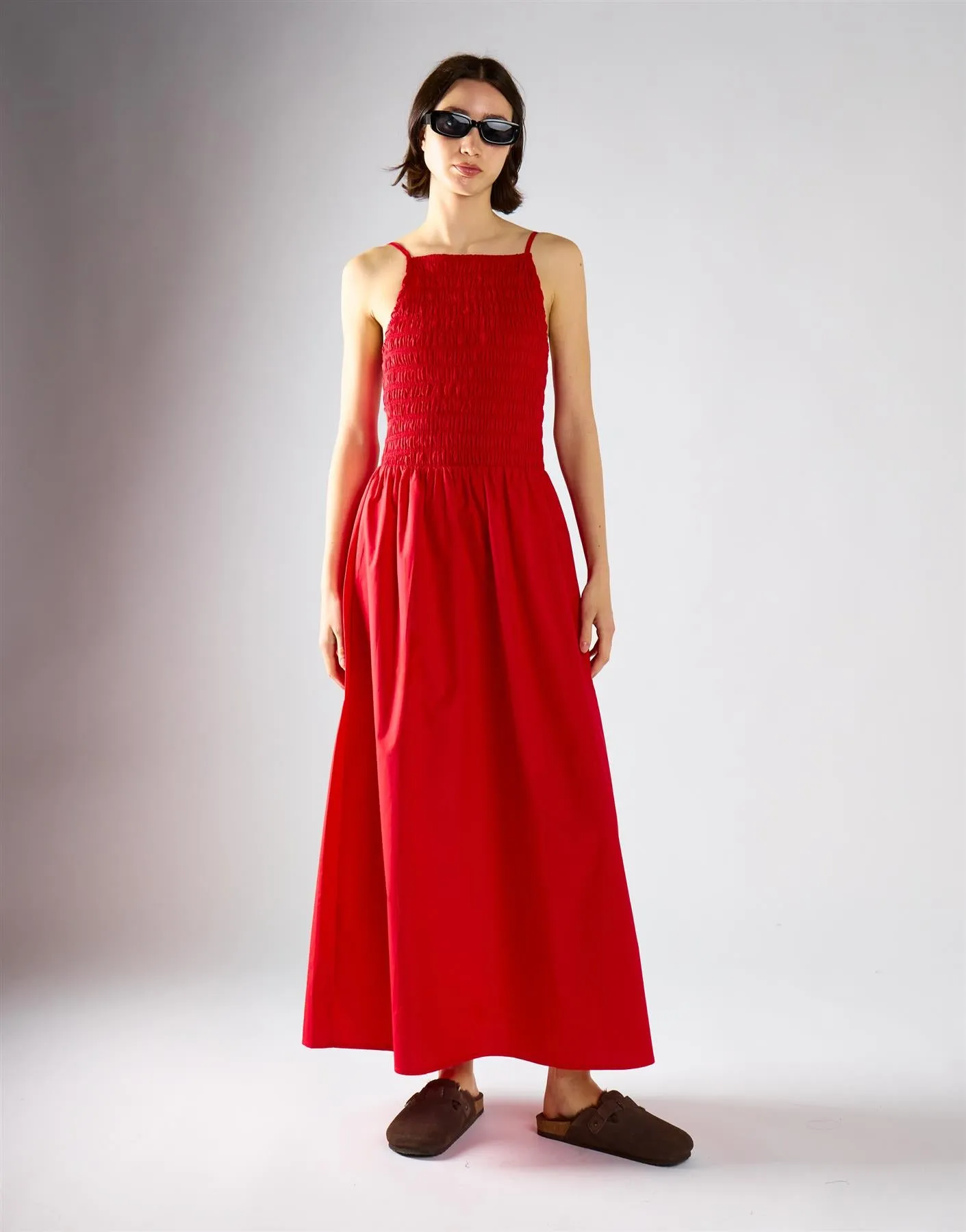 Red Shirring Body Boat Neck Maxi Dress sold by Glamorous
