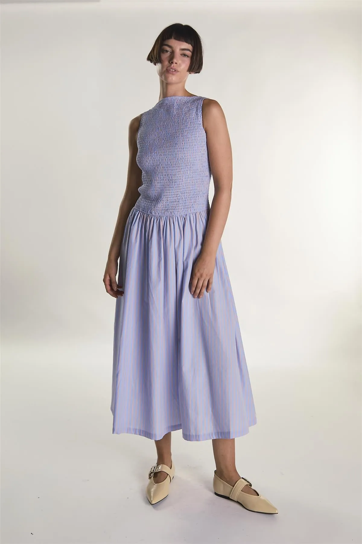 Blue Orange Stripe Slash Neck Shirring Midaxi Dress sold by Glamorous