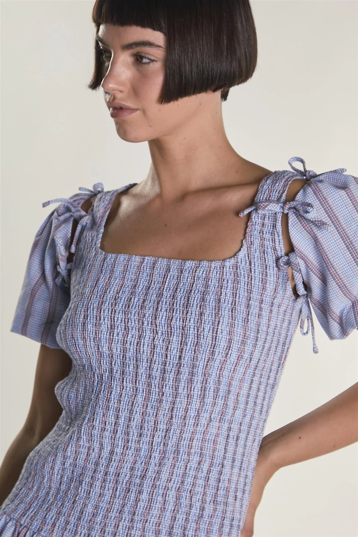 Blue Check Stripe Mini Dress with Bow Sleeves sold by Glamorous product image thumbnail 3