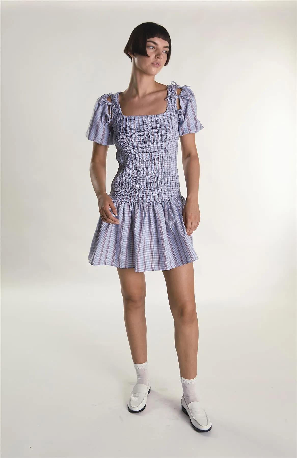 Blue Check Stripe Mini Dress with Bow Sleeves sold by Glamorous product image thumbnail 4