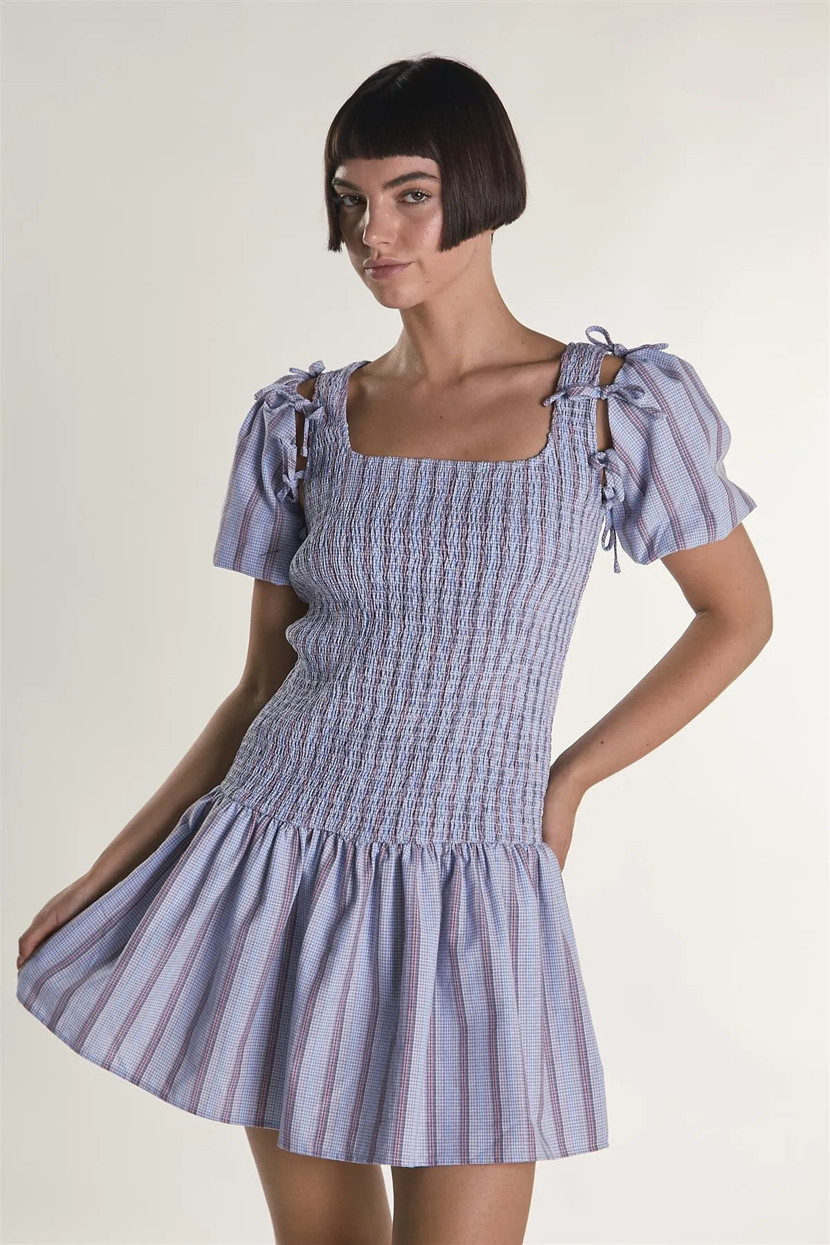 Blue Check Stripe Mini Dress with Bow Sleeves sold by Glamorous