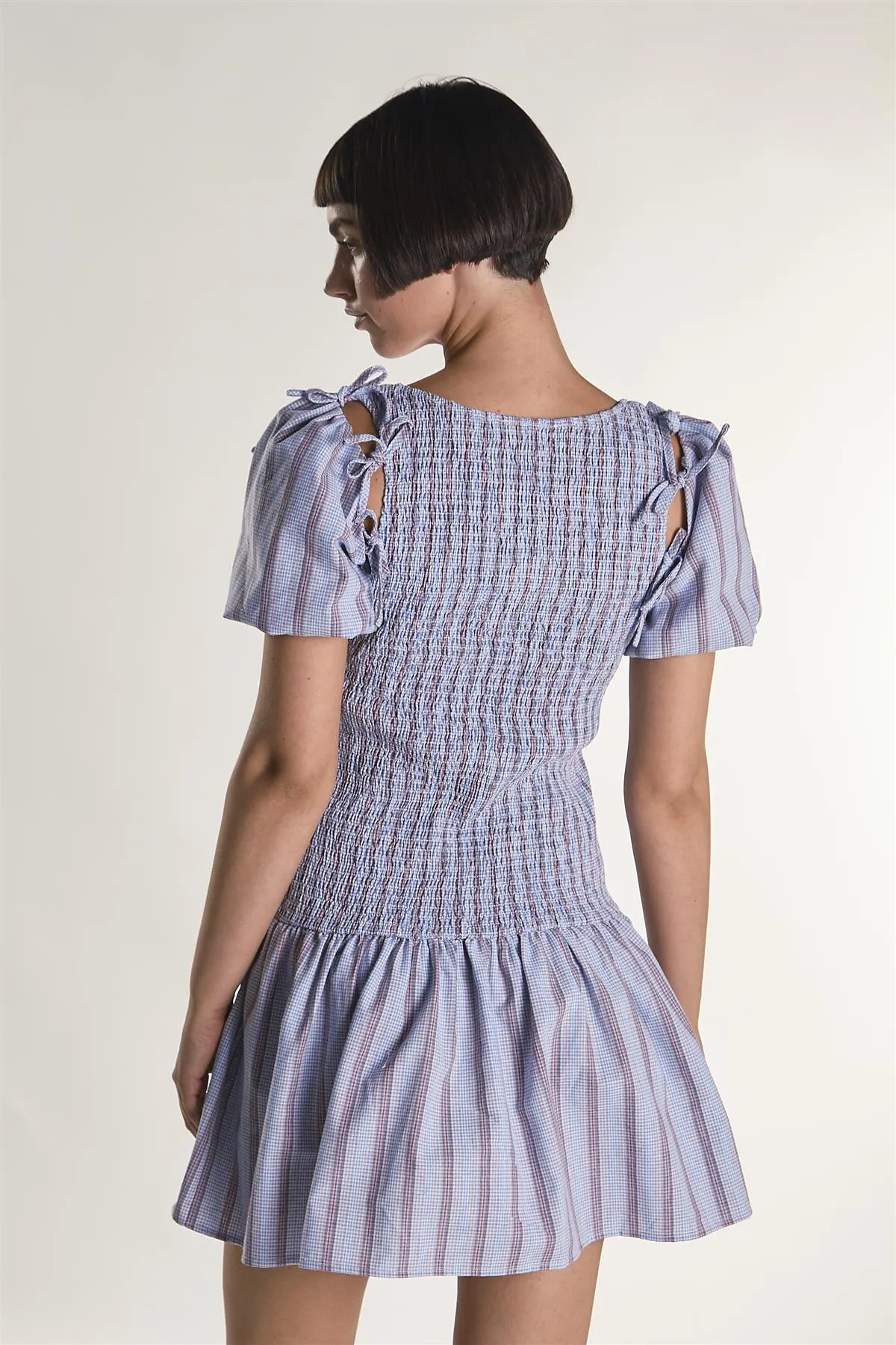 Blue Check Stripe Mini Dress with Bow Sleeves sold by Glamorous product image thumbnail 2