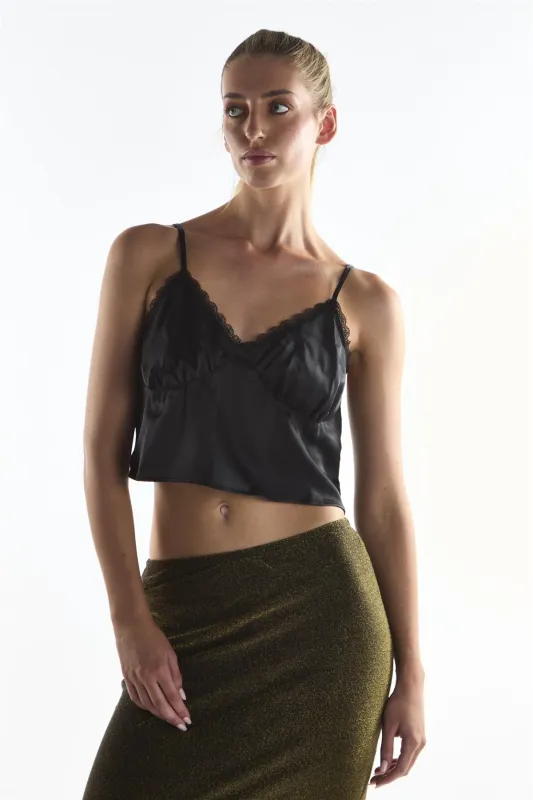 V-Neck Lace Trim Crop Top - Black made by Glamorous