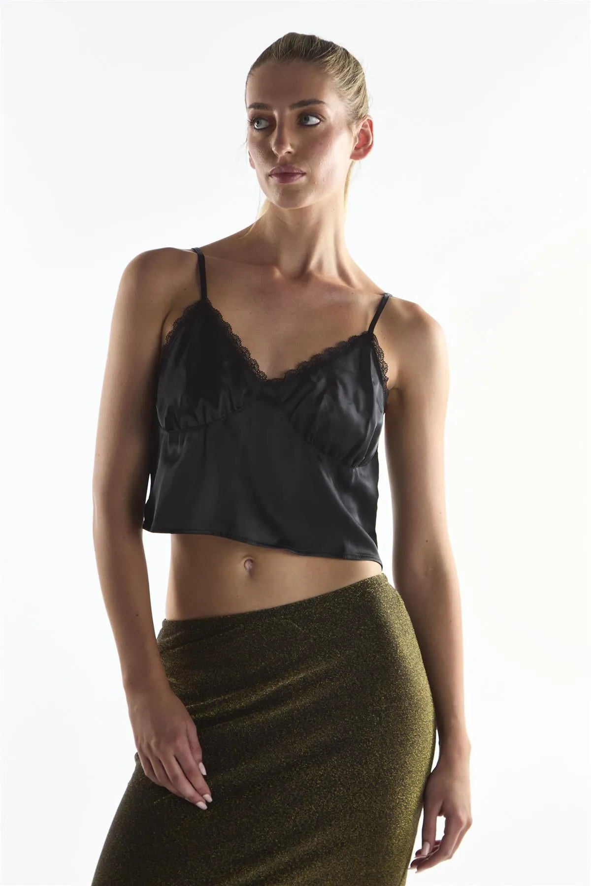 V-Neck Lace Trim Crop Top - Black sold by Glamorous