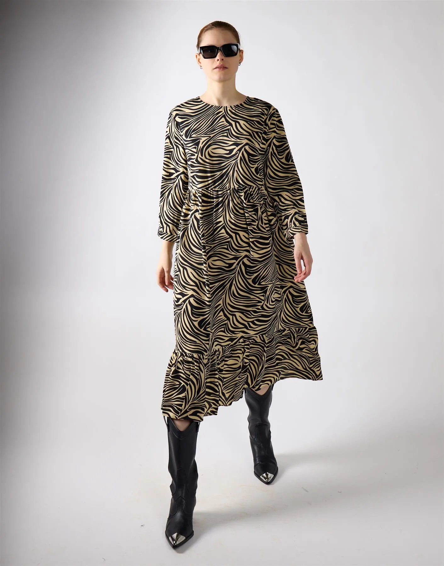 Stone Black Zebra 3/4 Sleeve Midi Dress sold by Glamorous