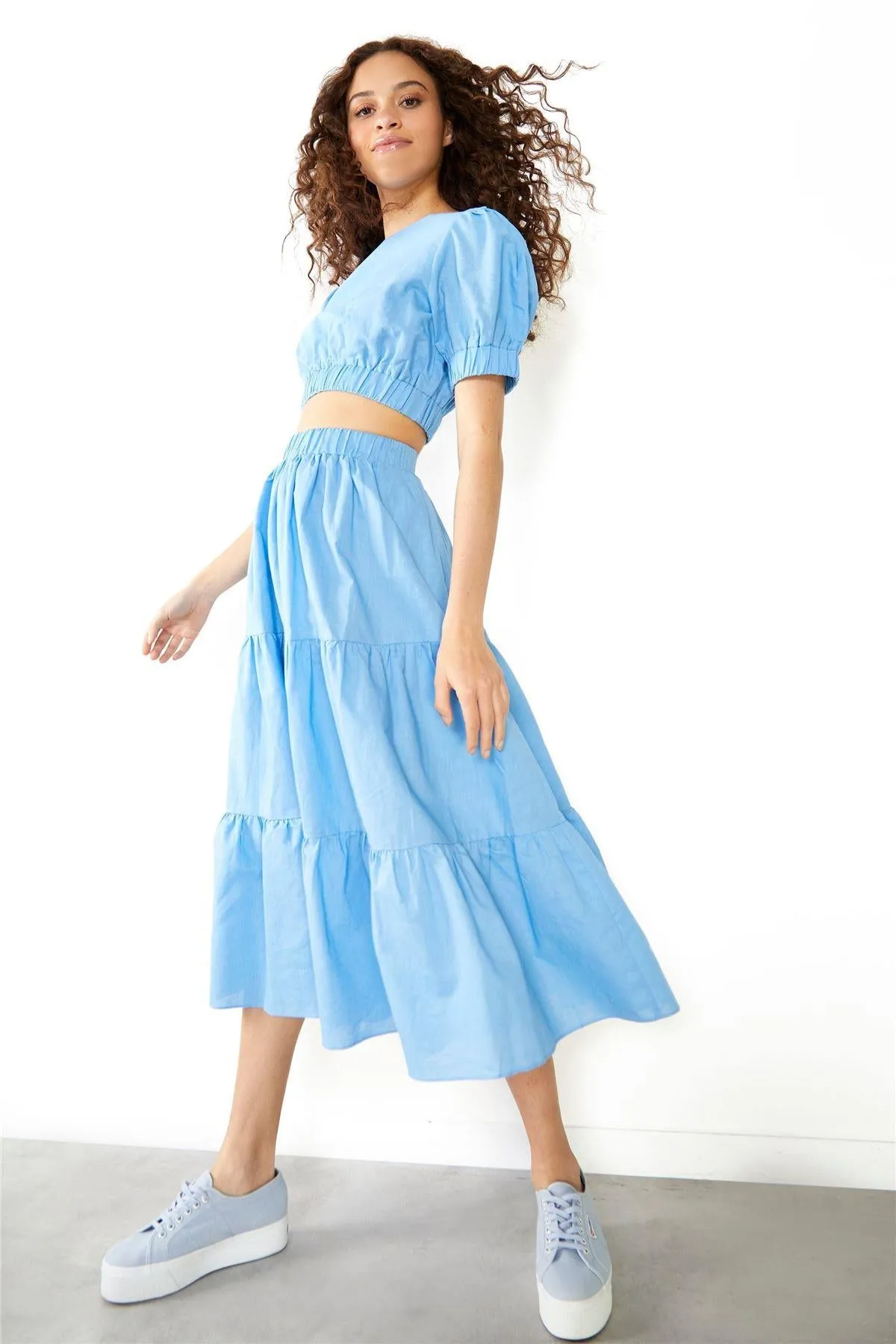 Cornflower Blue Tiered Midi Skirt sold by Glamorous