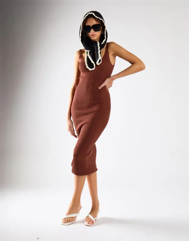 Reddish Brown Ribbed V-Neck Midi Dress made by Glamorous